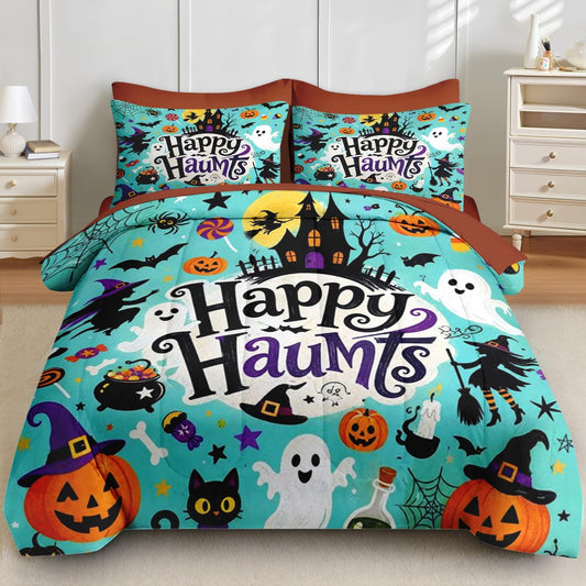 Boewywh Comforter Set Twin Size Halloween Witch Ghost 7 Pcs, Bedding for Kids and Adults, Bed Sheet Sets with Fitted Sheet 2 Pillowcases & 2 Shams for Bedroom Bed Decor