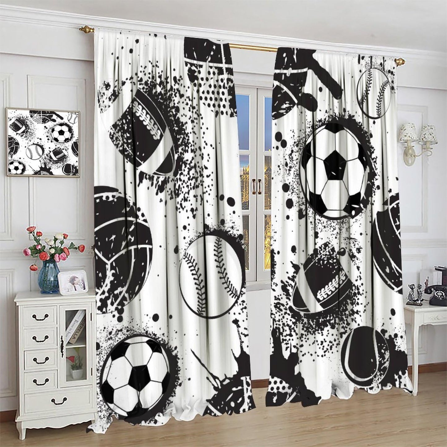 Sports Themed Curtains for Boys Abstract Basketball Football Black White Grunge Window Treatments for Teens Girls Bedroom Living Room Décor Drapes 2 Panel Sets Total Size 42" x 45"