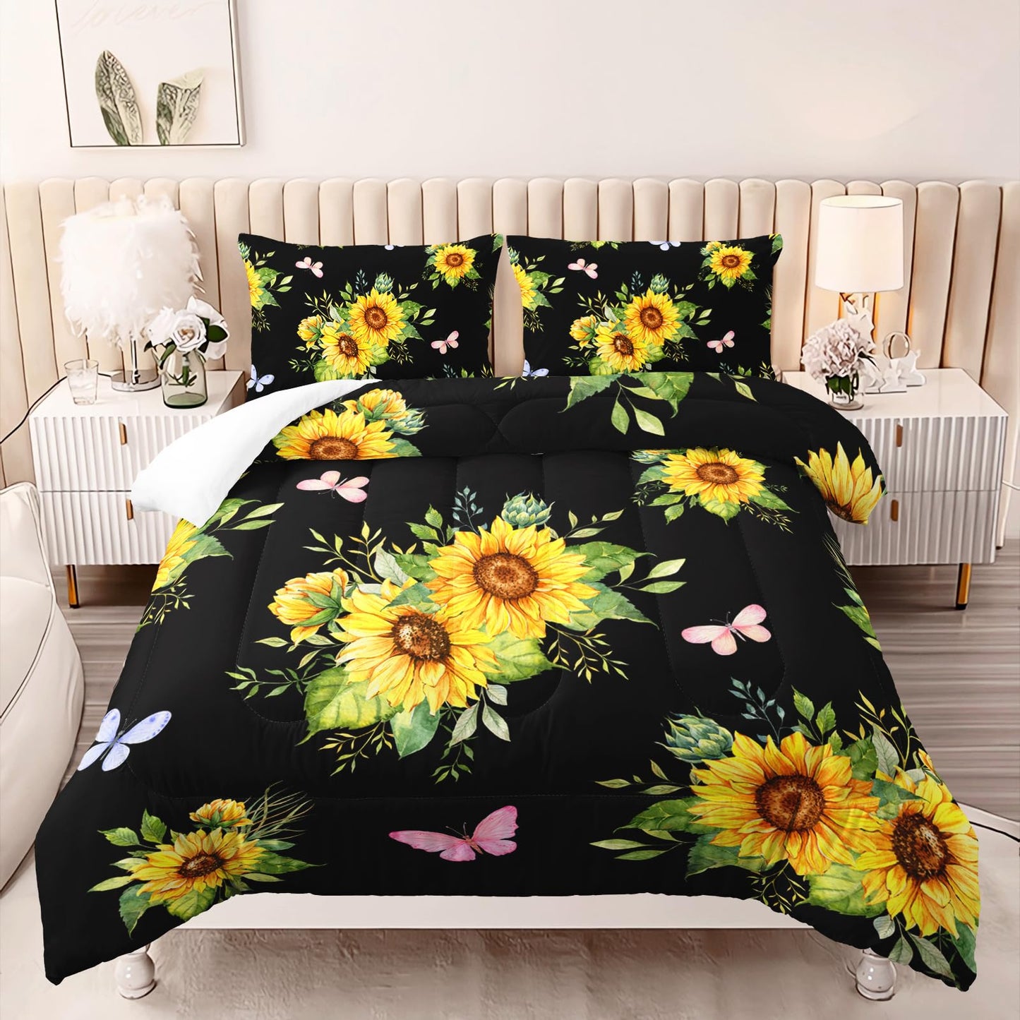 Nttopship Black 3 Piece Sunflower Comforter Sets Full Size, Farmhouse Floral Bedding Set for Girls Boys Adults,3 Piece Bed in A Bag, Ultra Soft Microfiber All Season Yellow Flower Bedding Set
