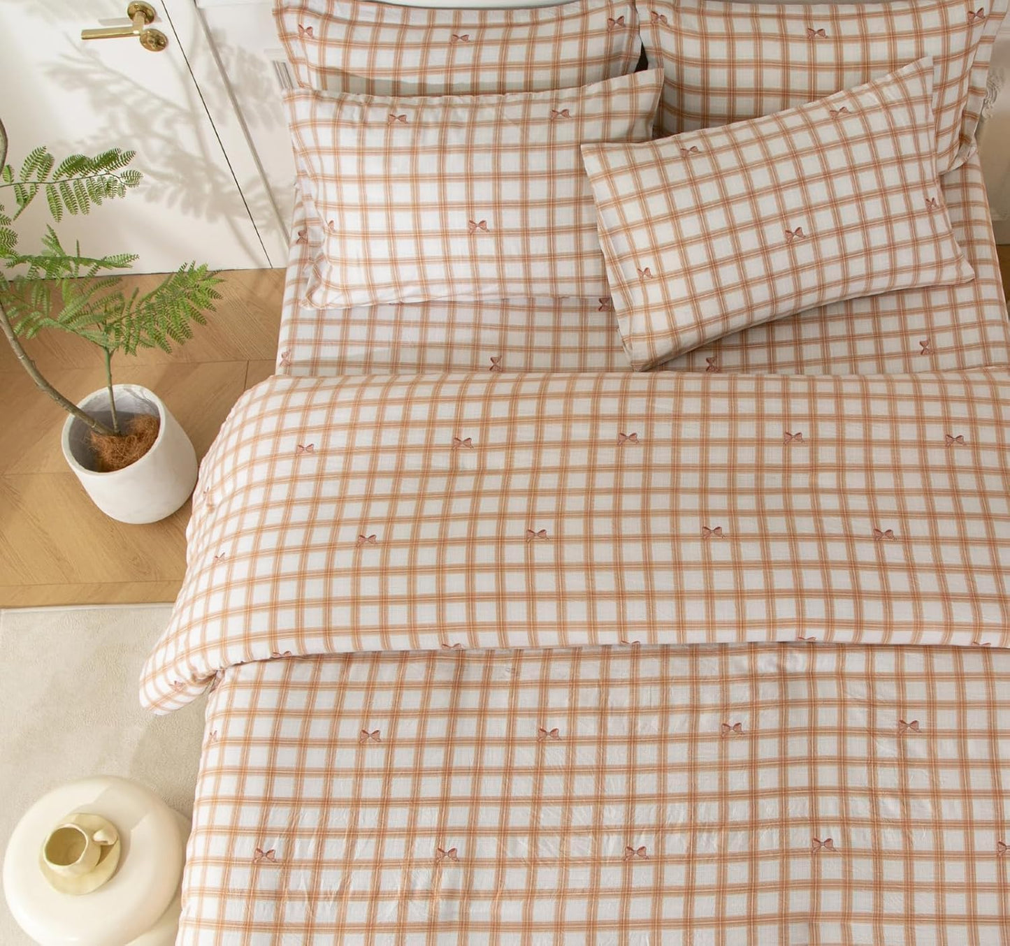 SDY Bowknot Checkered Twin Size Comforter Set, Luxury Soft Bed in a Bag Twin 5 Pieces, All Season Bedding Set with Comforters, Sheets, Pillowcase & Sham