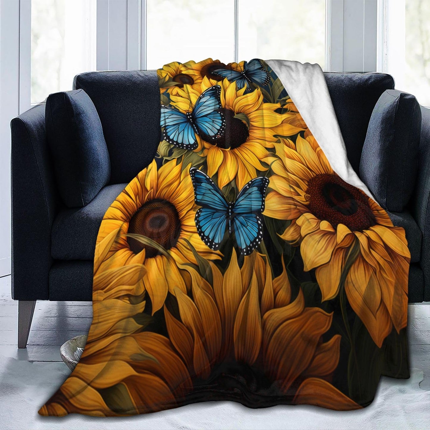 amepay Sunflower Blue Butterfly Blanket Gifts for Grils Women Floral Flannel Throw Blankets for Home Couch Bed Sofa Soft Fuzzy Lightweight Decor All Season 60x50 Inches