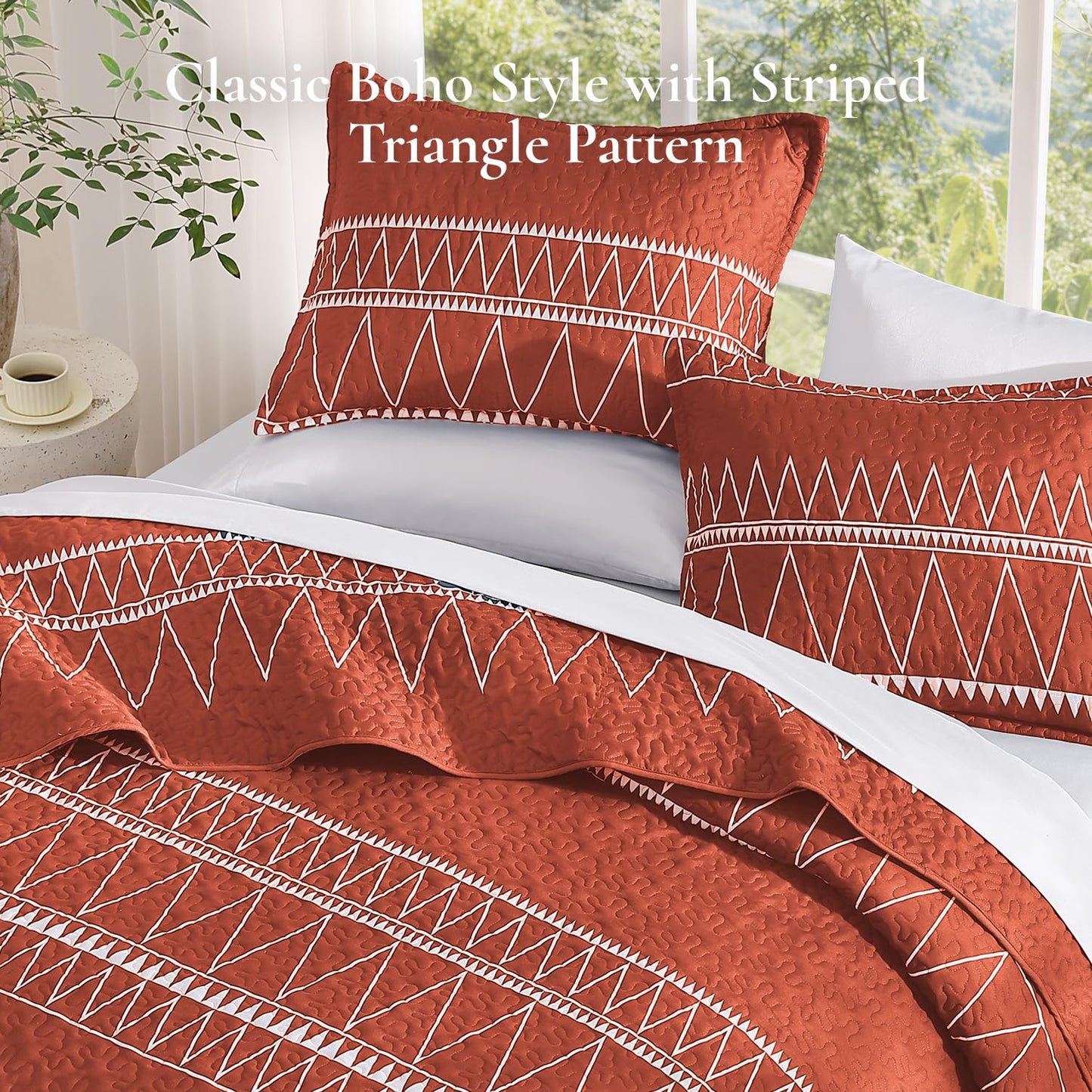 Andency Terracotta California King Quilt Set, 3 Pieces Boho Lightweight Soft Striped Cal King Bedspread for All Season (112"x104"), Printed Bohemian Polyester Reversible Coverlet Comforter Sets