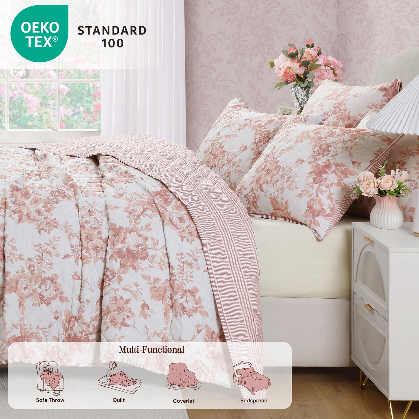 BLOOMHAVEN Quilt Set King Size, Dusty Rose Floral Quilt Sets, Reversible Bedspread Lightweight and Breathable for All Seasons, Soft Quilted Bedspread with 2 Pillow Shams
