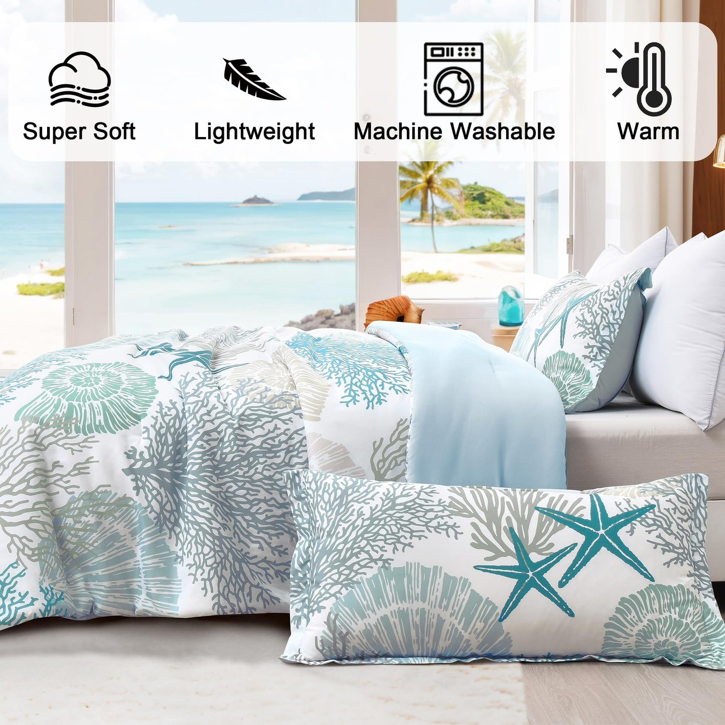 Tritard Coastal Comforter Set King Size 3 Piece, Soft Beach Themed Comforter, Ocean Nautical Lightweight Bedding Sets for All Seasons, (1 Reversible Comforter and 2 Pillow Shams), 104''x90'', C1