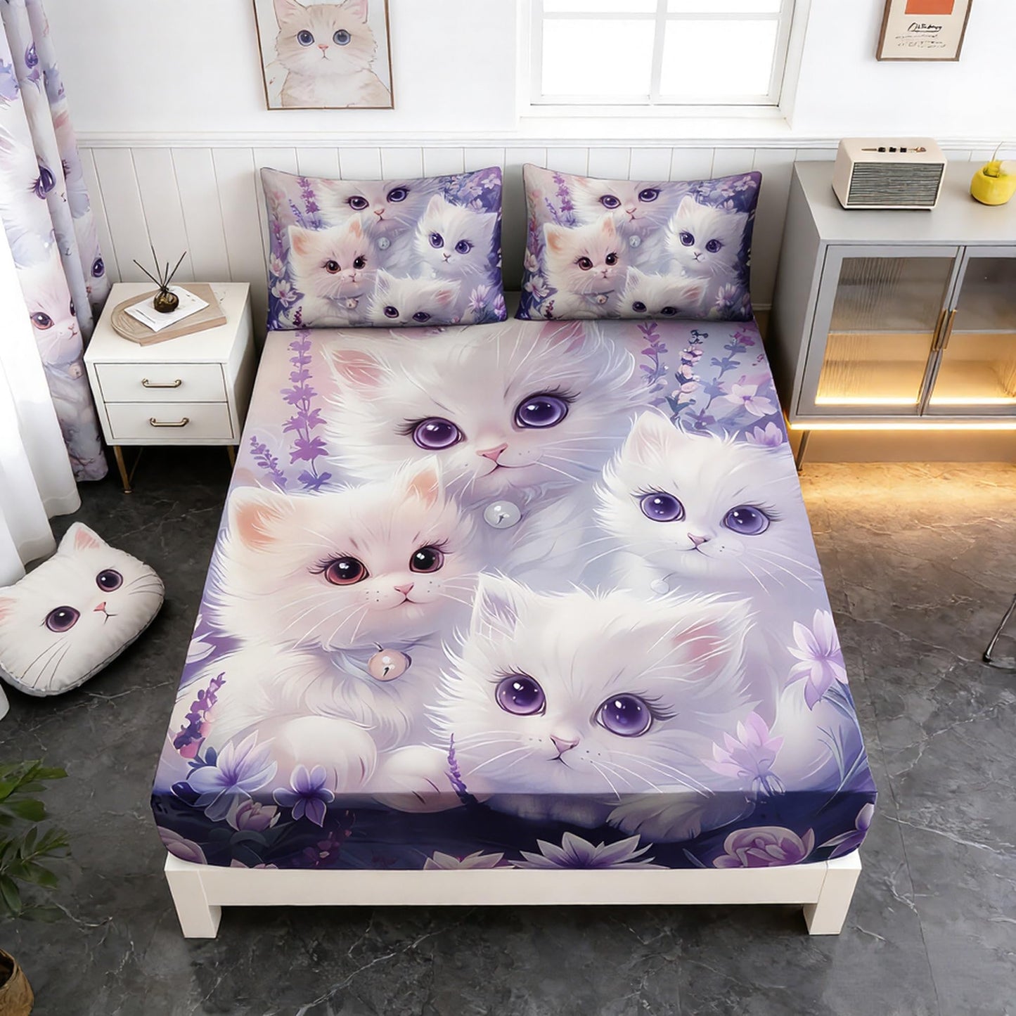 UEVBF Cat Fitted Sheet Toddler Bedding Set Twin Size,Floral Bedding Animal Themed Fitted Sheet for Kids Girls Bedroom Decor Aesthetic,Cute Kids Bedding Fitted Sheet,1 Fitted Sheet+2 Pillowcases.