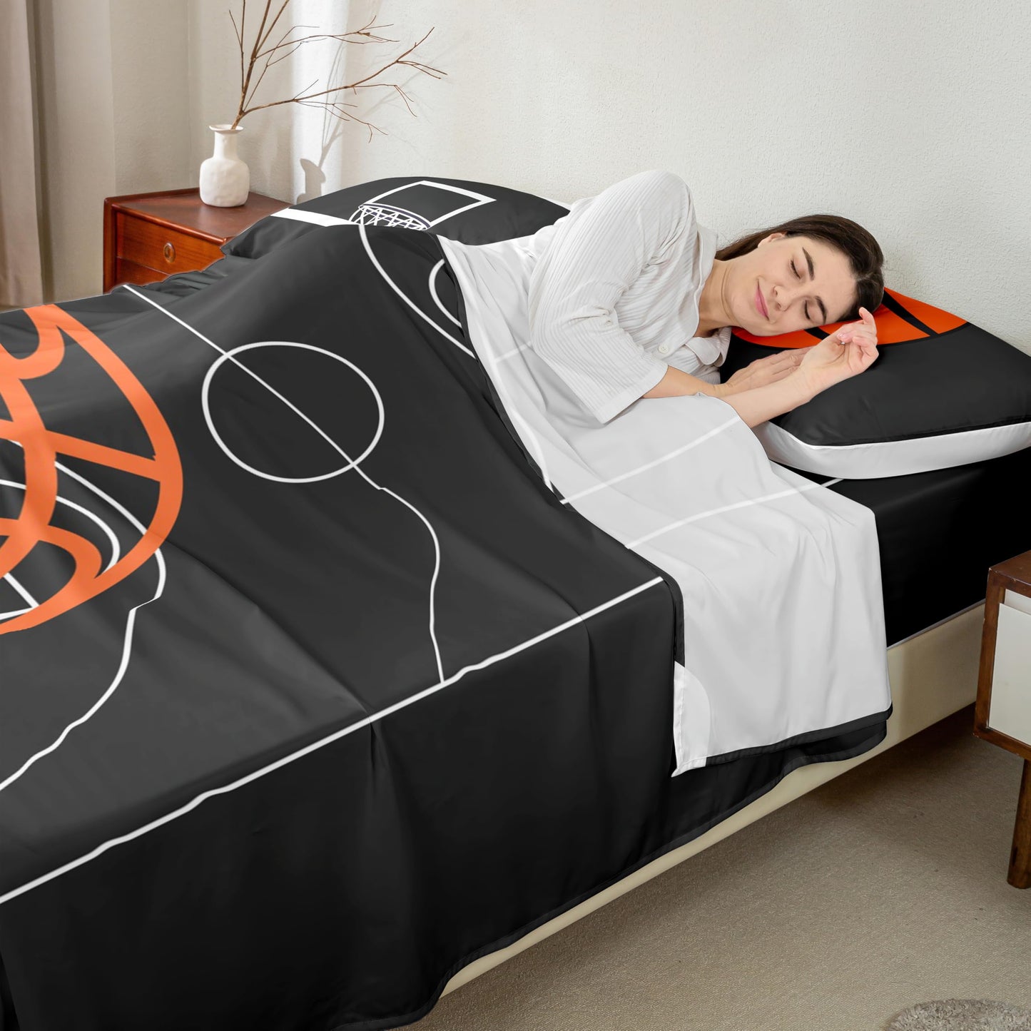 Basketball Court Print Fitted Sheet Set Full Size 4Pcs,Ball Sports Games Themed Bedding Set(1 Fitted,1 Flat,2 Pillows),Orange Basketball and Hoop Deep Pocket Bed Sheets for Girls Teens Room