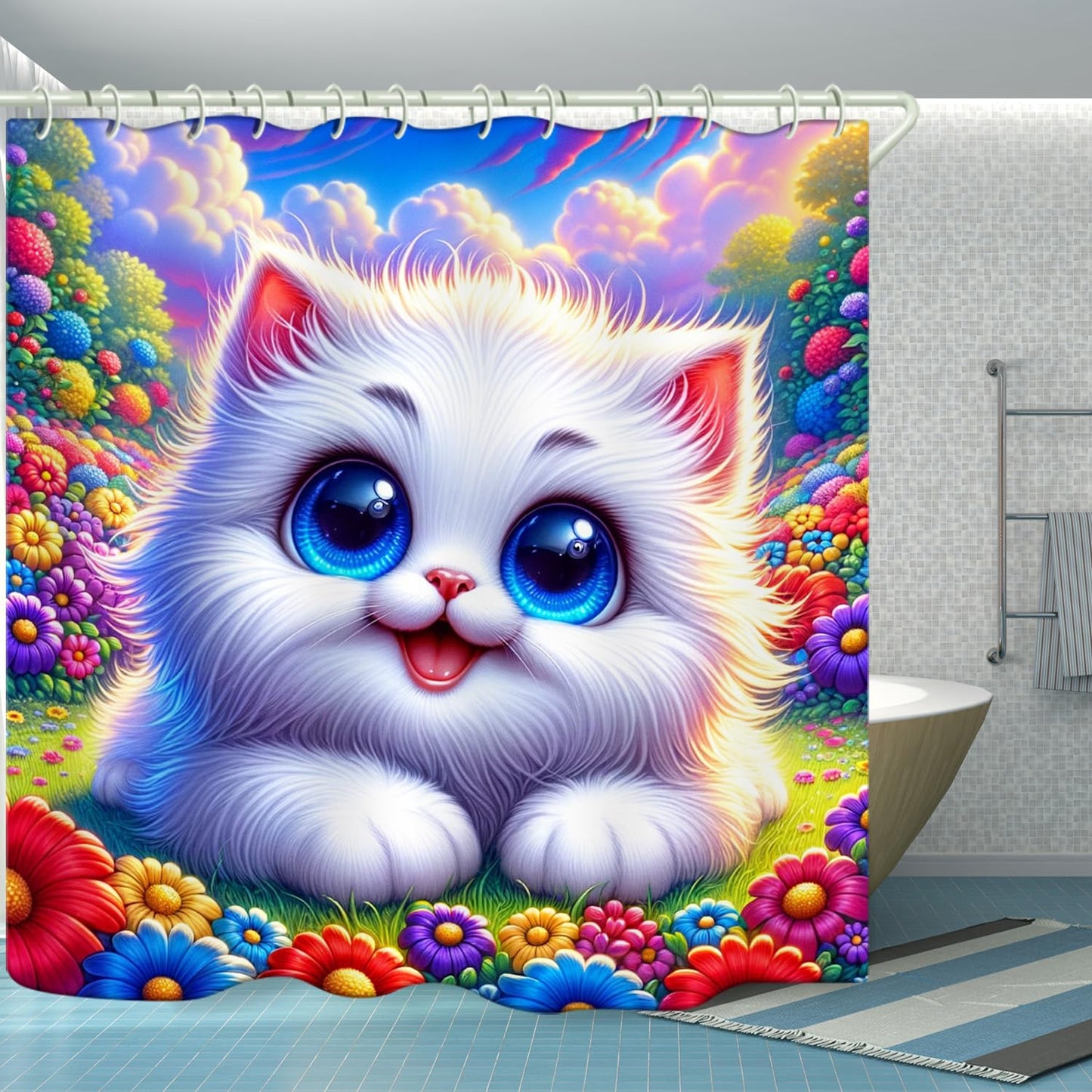 LYFANS Bathroom Using White Cat 3D Shower Curtains, Deluxe Bathtub Standard Shower Curtain, Waterproof and Bright Fabric Shower Curtain Size (72x72 Inches)