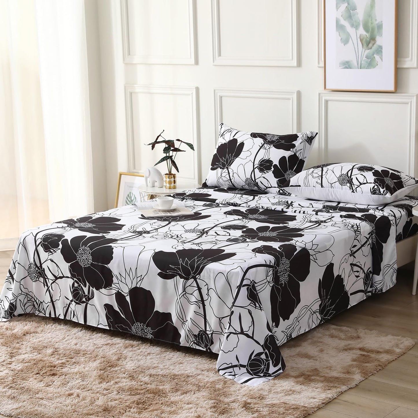 INTOMENG Black and White Floral Sheets Queen Flower Aesthetic Bed Sheets Full Soft Deep Pocket Queen Sheet Set - 1pc Flat Sheet, 1pc Fitted Sheet, 2pc Pillowcases Flowers Ultra Soft