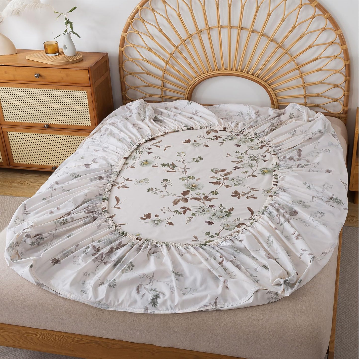 FADFAY Twin Sheets Set Percale Cotton Floral Bed Sheets Deep Pocket Fitted Sheet, Luxury Green Rose Floral Printed Shabby Bedding for All Season, Super Soft Crisp & Cool,4pcs