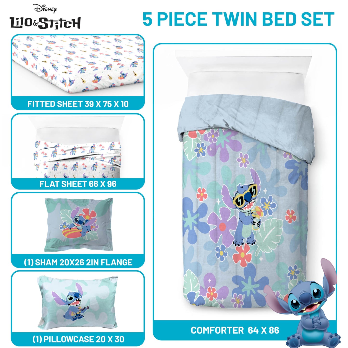 Jay Franco Disney Lilo and Stitch Twin Size Comforter Set - 5 Piece Bedding Includes Sheet Set & Pillow Covers - Super Soft Tropical Bedding