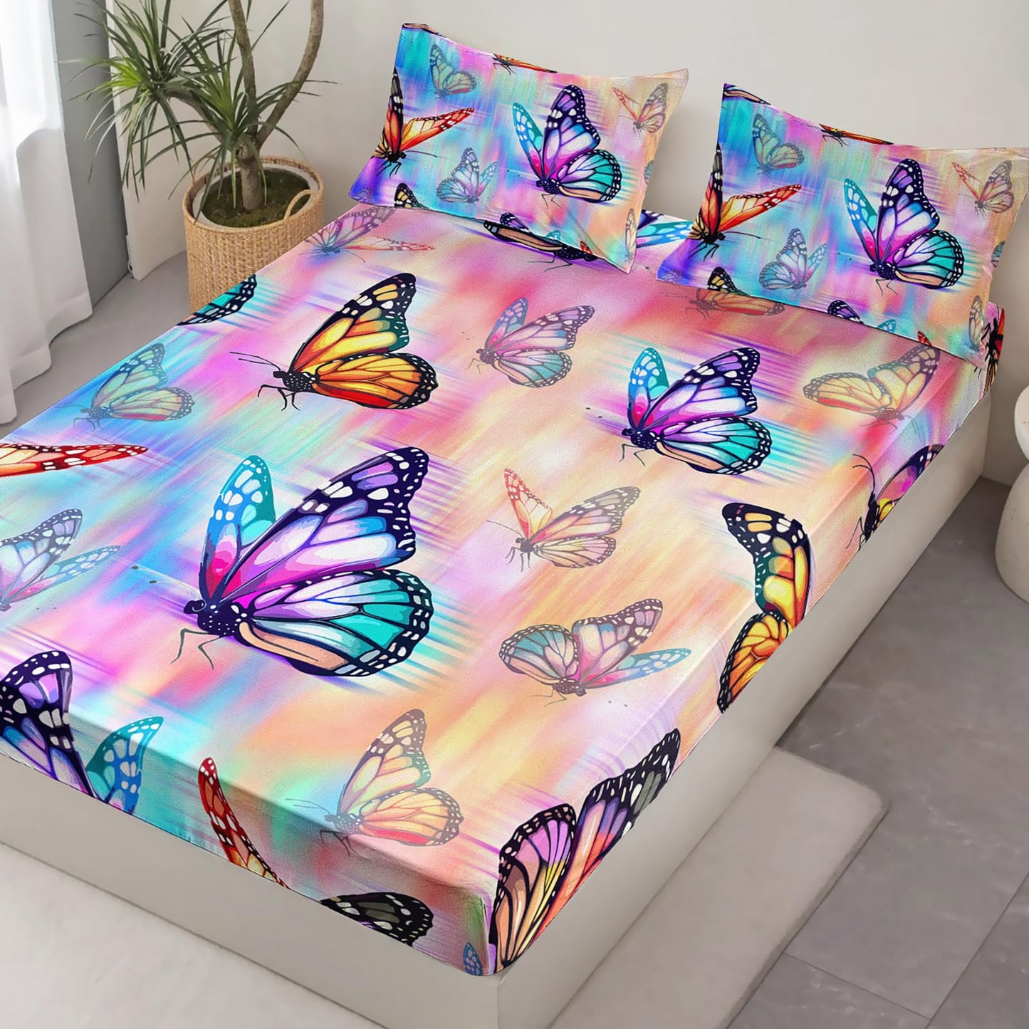 AILONEN 3D Butterfly Queen Bedding Set for Kids Teens Girls,Colorful Butterflies Fitted Sheet Set for All Season,Pink Blue Gradient Bed Sheet + 2 Pillowcases,3Pcs