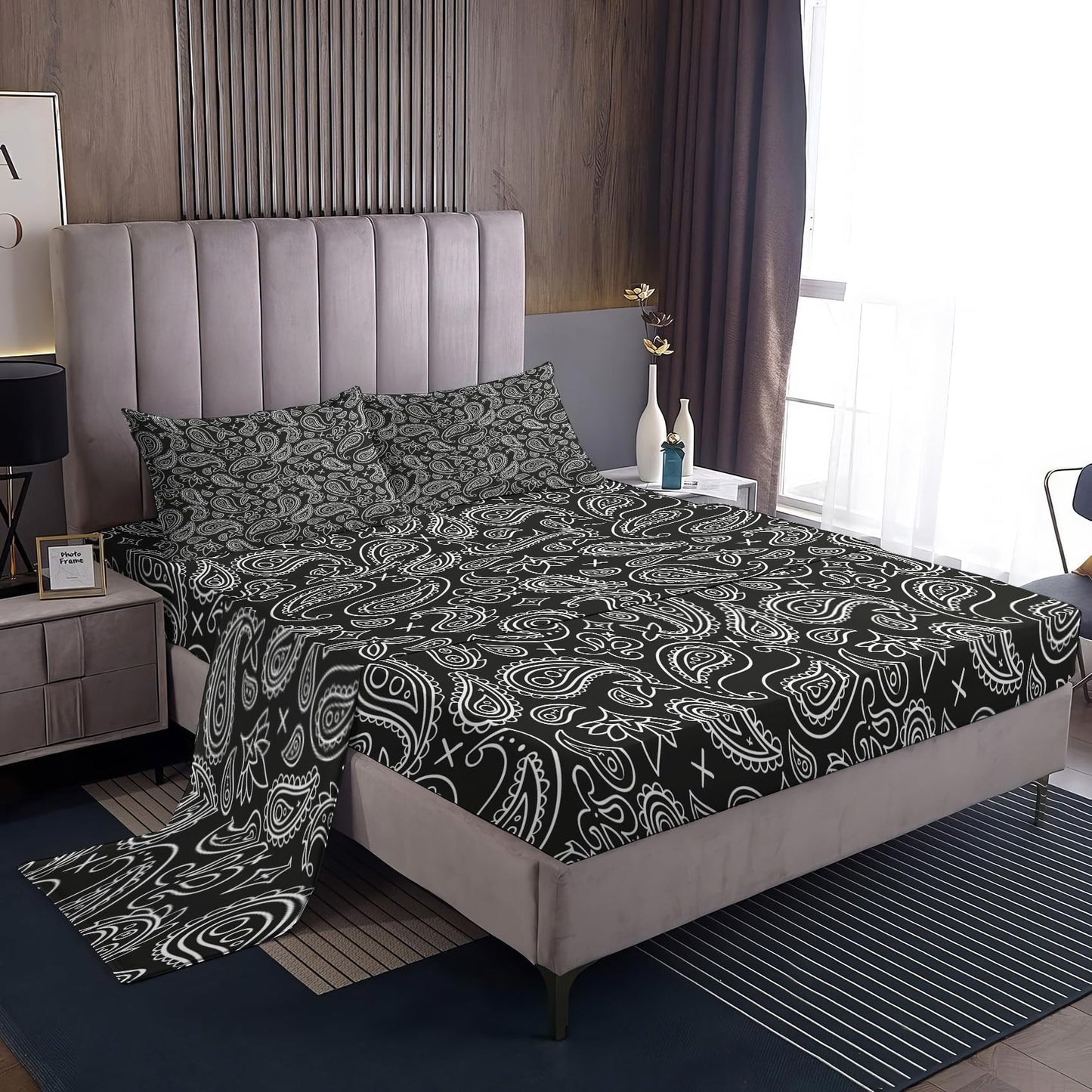 NOGAWA Black Paisley Sheets Full, Boho Bohemian Bed Sheets, Bandana Bedding Sheets, Soft Microfiber Deep Pocket Fitted Sheet & Flat Sheet & 2 Pillowcases