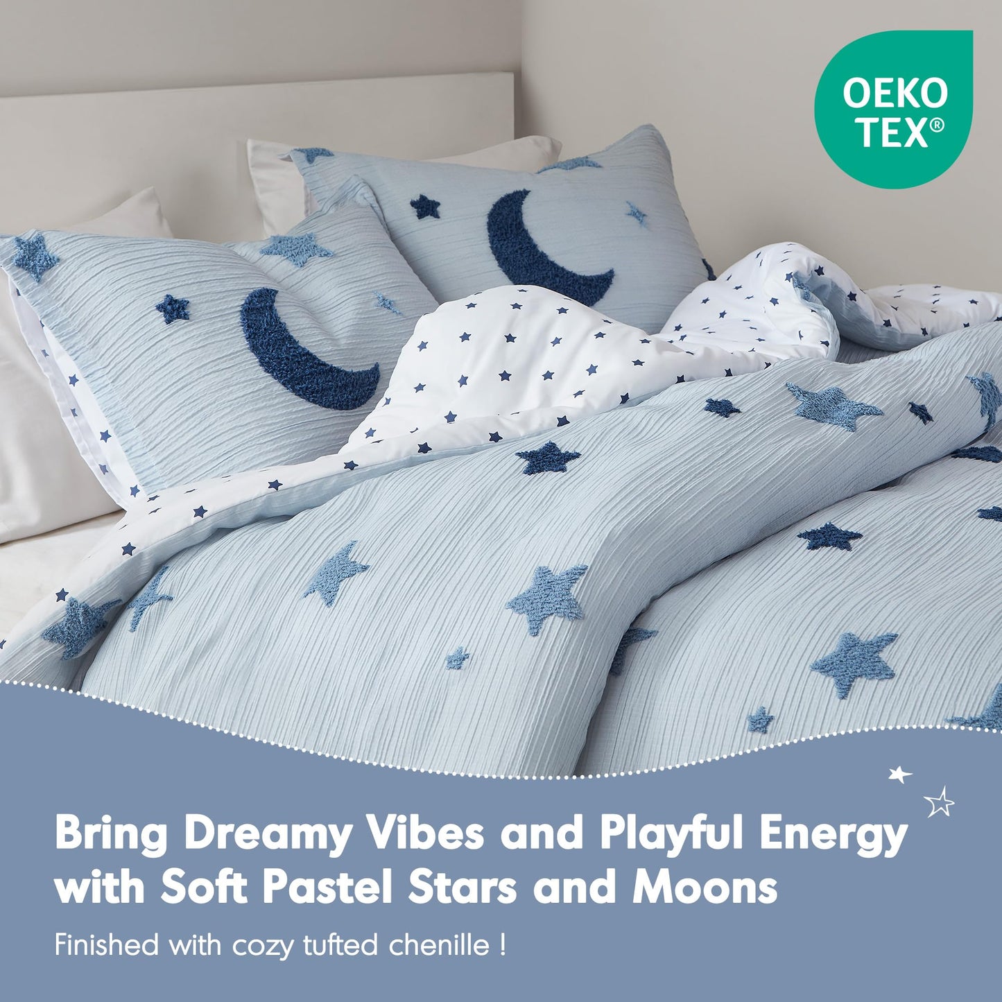 Intelligent Design Kids Cosmos Full Size Duvet Set – Blue Star and Moon Tufted Chenille, Reversible 3-Piece Bedding with Star Pillow, Full/Queen