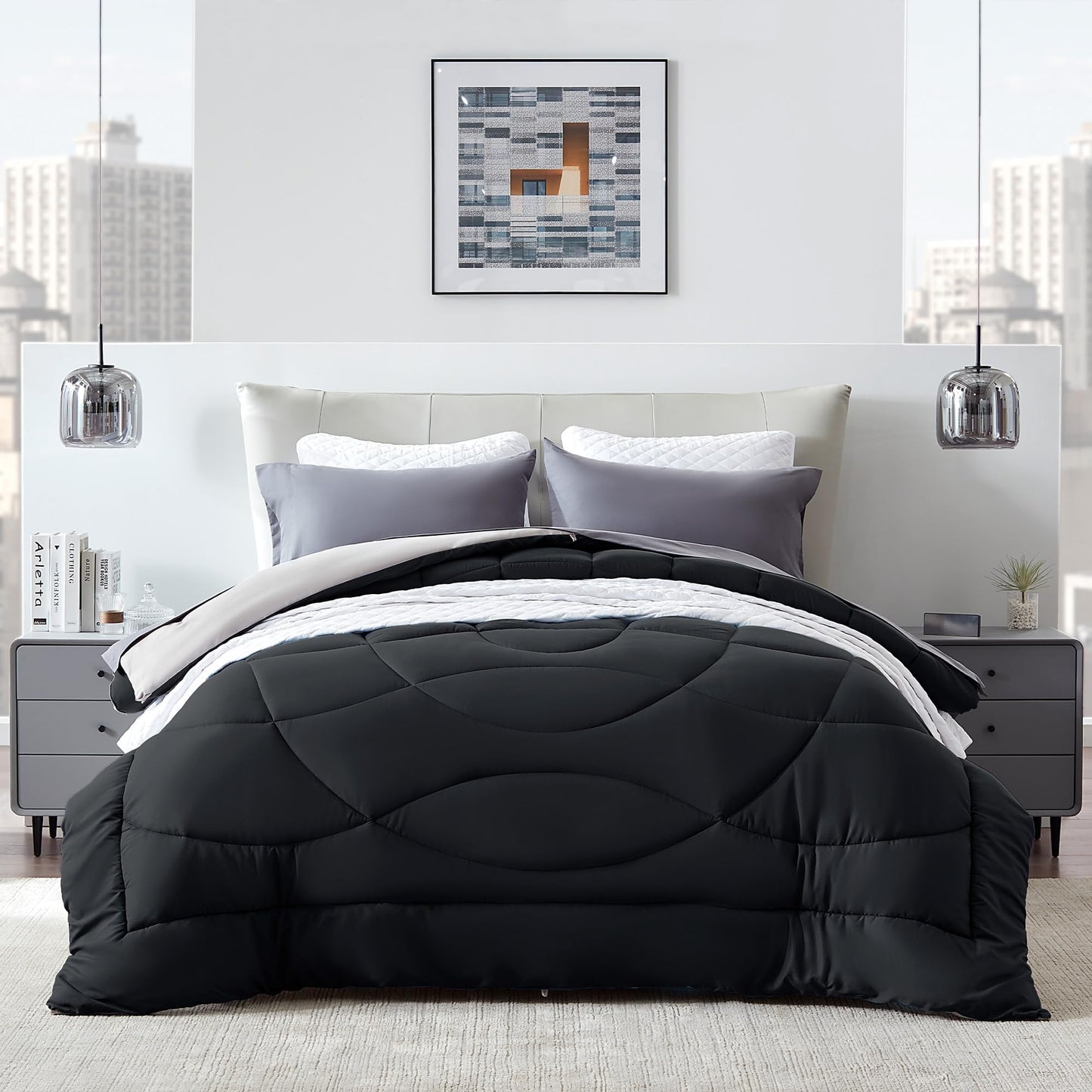 SLEEP ZONE Comforter Duvet Insert, Queen Size Quilted Reversible Comforters, Soft All Season Duvet, Down Alternative Breathable Bedding with 8 tabs, 2 Sides Black Gray 88 x 88 Inches