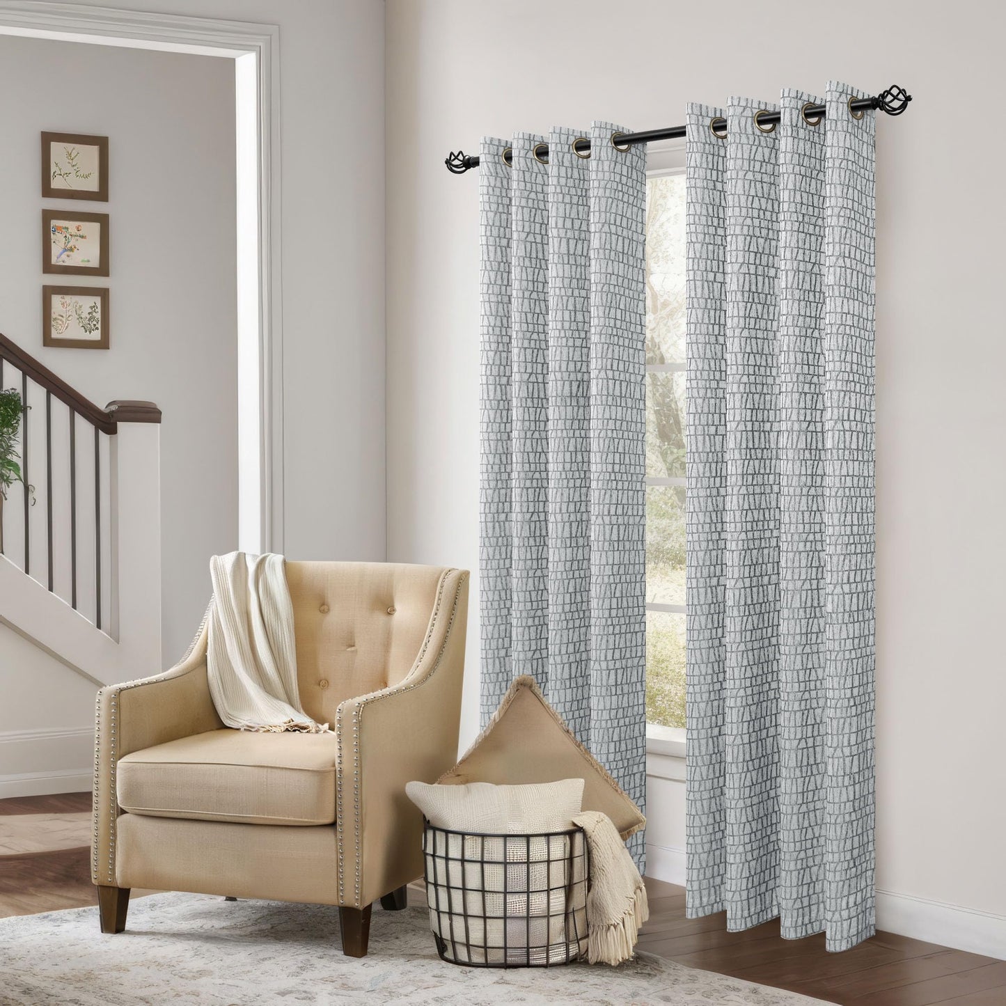 Grey and White Curtains 84 Inches Long for Living Room 50% Blackout Room Darkening Geometric Plaid Pattern Buffalo Check Modern Farmhouse Curtains for Bedroom 84 Inch Length 2 Panels Set Light Gray