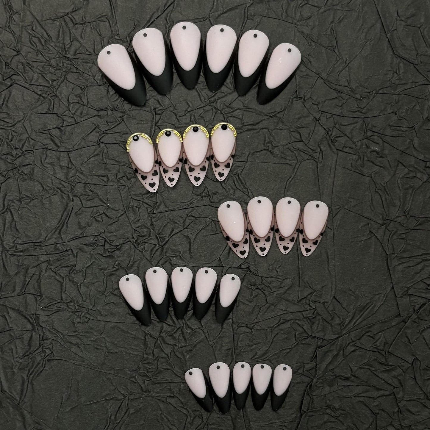 SINHOT French Tip Press on Nails Medium Almond Fake Nails Glossy False Nails Stiletto Glue on Nail with Design Cute Black Graffiti Full Cover Acrylic Nail (24Pcs,1 Glue)