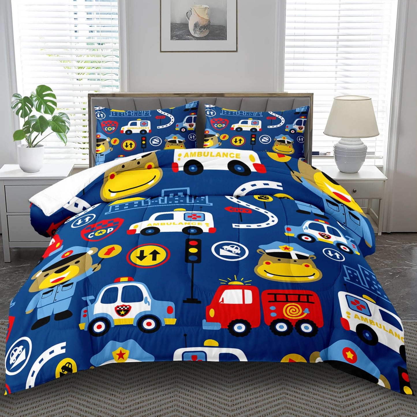 llyxsesty Kids Cop Car Comforter Set Queen Boys Fire Truck Bedding Set for Teens,Bear Comforter Queen Quilt Toy Police Car Bedroom Decor Cartoon Animal Bedding Bed Decor