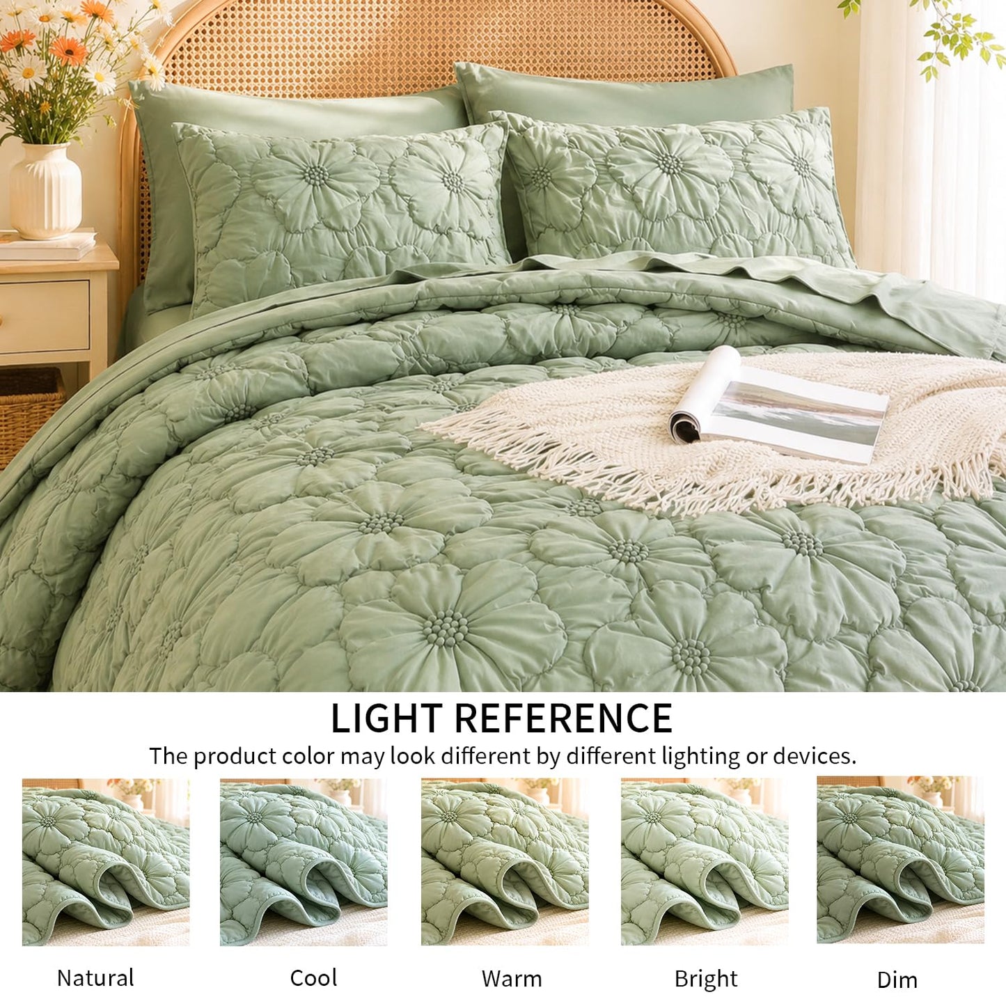 7 Piece Comforter Set, Pintuck Floral Bedding Set with Sheets & Pillowcases, Soft Fluffy All Season Comforter Set, Lightweight Breathable Bed Set for Bedroom Guest Room Dorm (Green, King, Flowers)