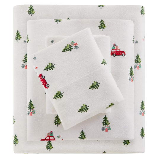 Woolrich Cotton Sheet Set Cottage Charms Print, 100% Cotton Flannel Sheets Warm & Fuzzy Bedding Set Queen Size Sheets, Fitted Pocket Fits Up to 14" Mattress, Queen Green Tree Trip 4 Piece