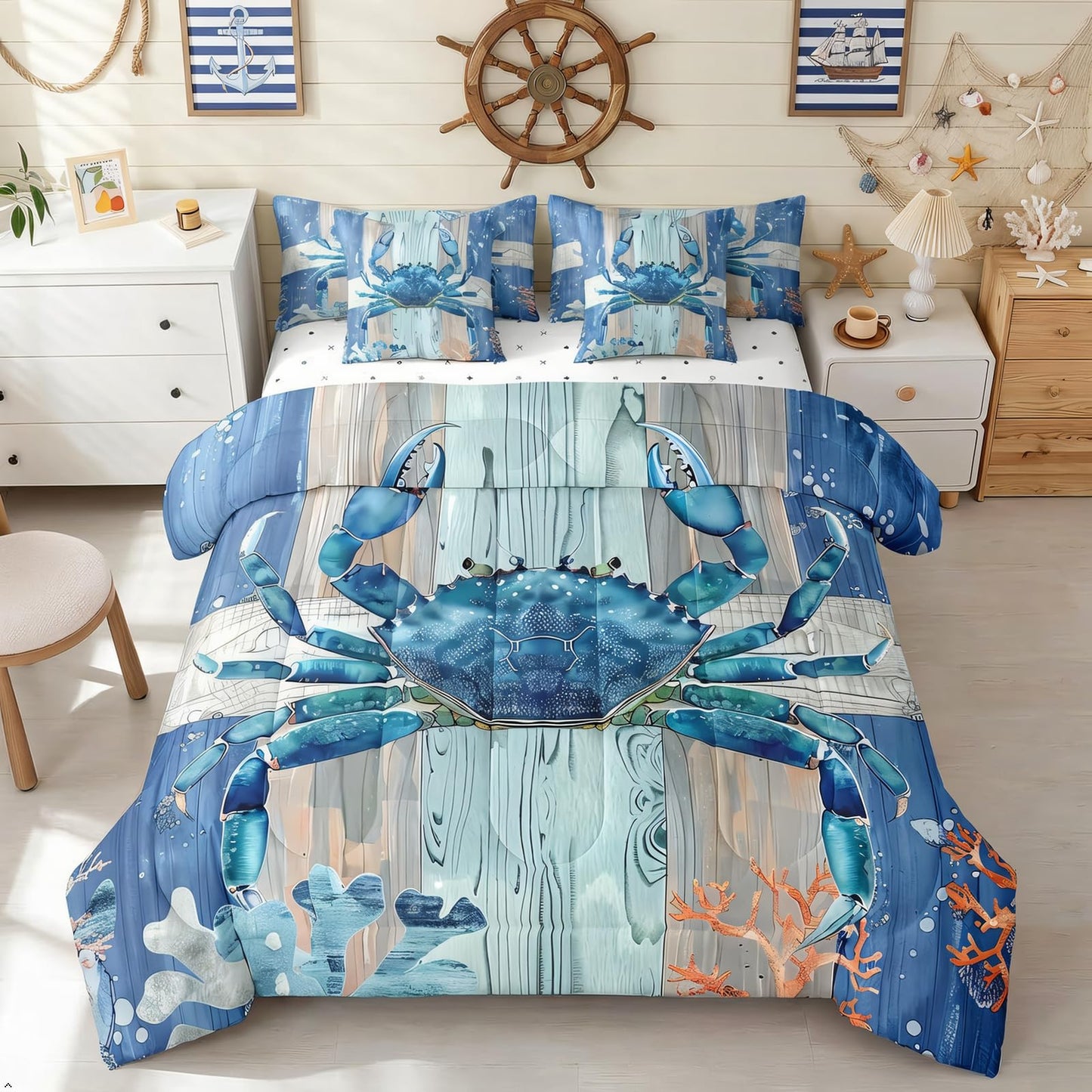 Erosebridal Ocean Crab Comforter Set 7 Piece Bed in a Bag Twin,Under Sea Coral Reptile Bedding Sets Nautical Sea Animal Sheet Set with Comforter,Blue