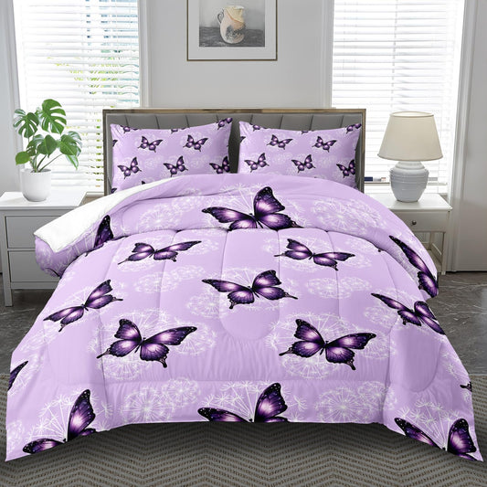 llyxsesty Butterfly Purple Comforter Set Queen,Purple Floral Bedding Set for Girls,Butterfly Comforter Bedroom Decor,Vintage Floral Quilt for Women,Girls Bedding Women Bedroom Decor