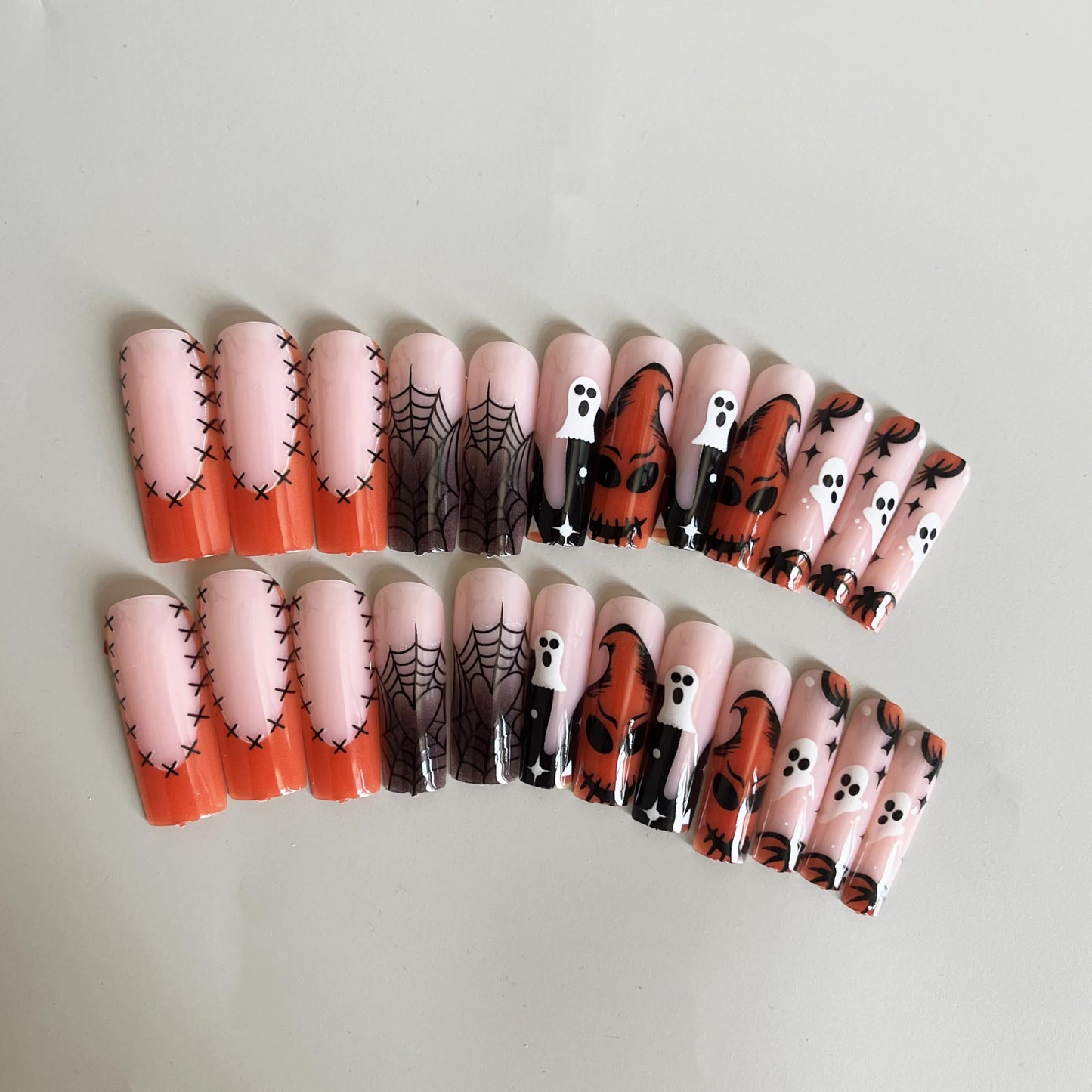 BABALAL Press on Nails Long Square Fake Nails Black Orange French Tip Glues ons Ghost Spider Web Halloween Goth Design 24Pcs Manicure Stick on Full Cover False Nails