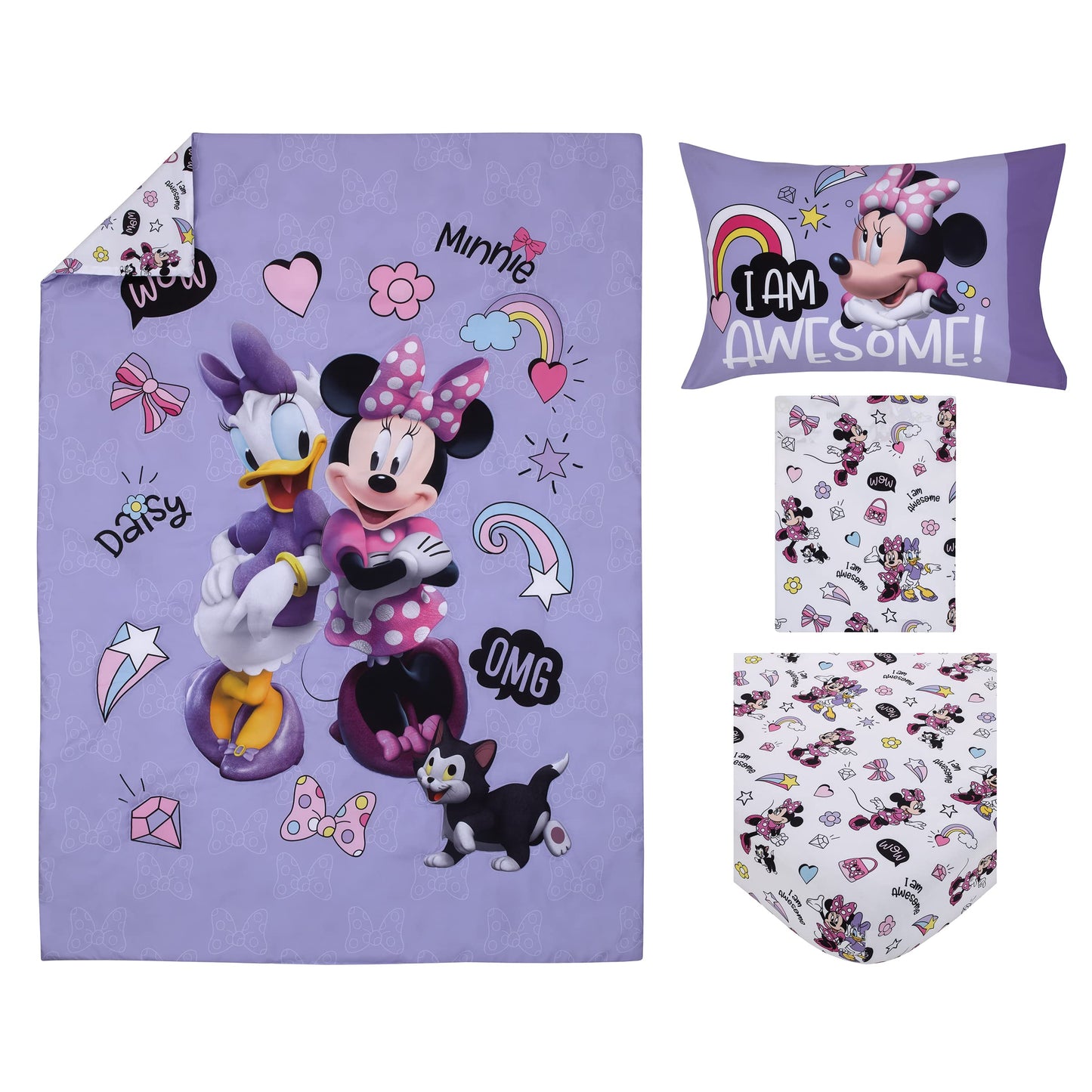 Disney Minnie Mouse I am Awesome Lavender, Pink, and White with BFF Daisy Duck, and Figaro The Cat 4 Piece Toddler Bed Set - Comforter, Fitted Bottom Sheet, Flat Top Sheet, and Reversible Pillowcase