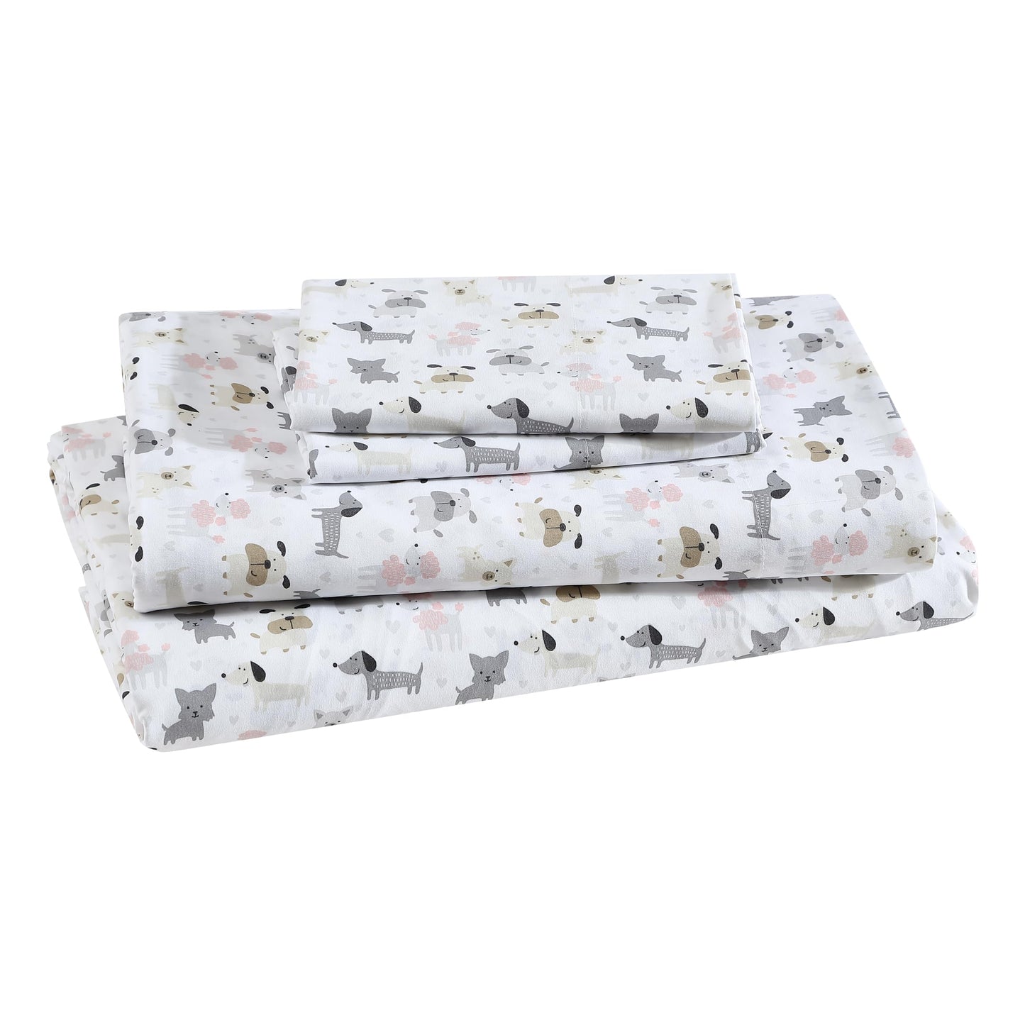 Beatrice Home Fashions Printed Microfiber Sheet Set, Soft Comfortable Easy Care, Includes 1 Fitted Sheet with 12" Deep Pockets, 1 Flat Sheet, Pillowcase, Full, White Puppy Love