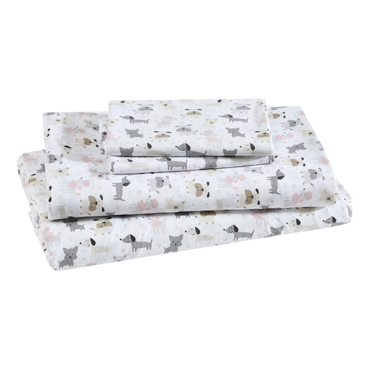 Beatrice Home Fashions Printed Microfiber Sheet Set, Soft Comfortable Easy Care, Includes 1 Fitted Sheet with 12" Deep Pockets, 1 Flat Sheet, Pillowcase, Full, White Puppy Love