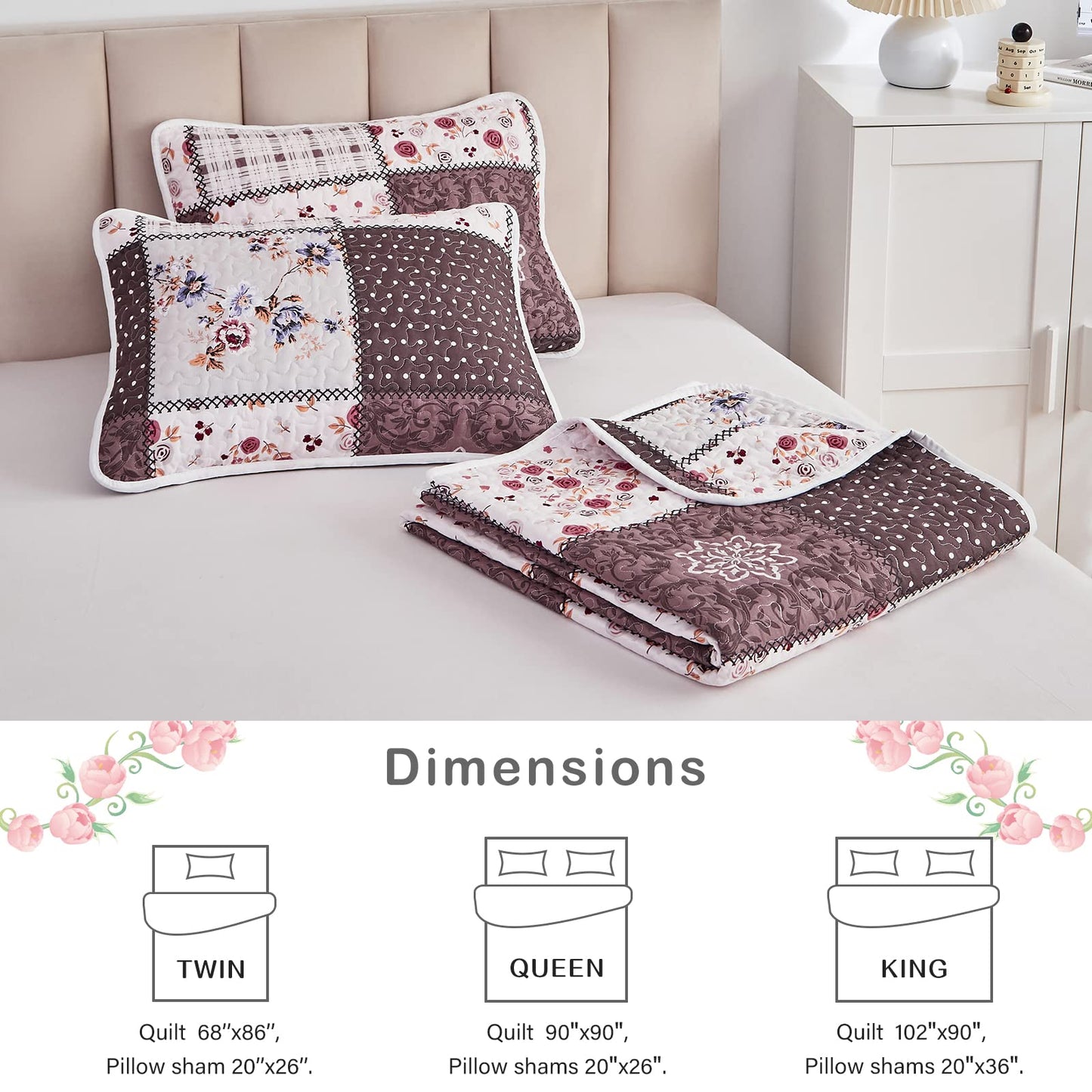 Patchwork Quilt Set Full/Queen Size, 3 Pieces Brown Floral Plaid Summer Bedspread Coverlet Set, Soft Microfiber Reversible Lightweight Bed Cover for All Season (90" x 90", 1 Quilt+ 2 Pillow Shams)