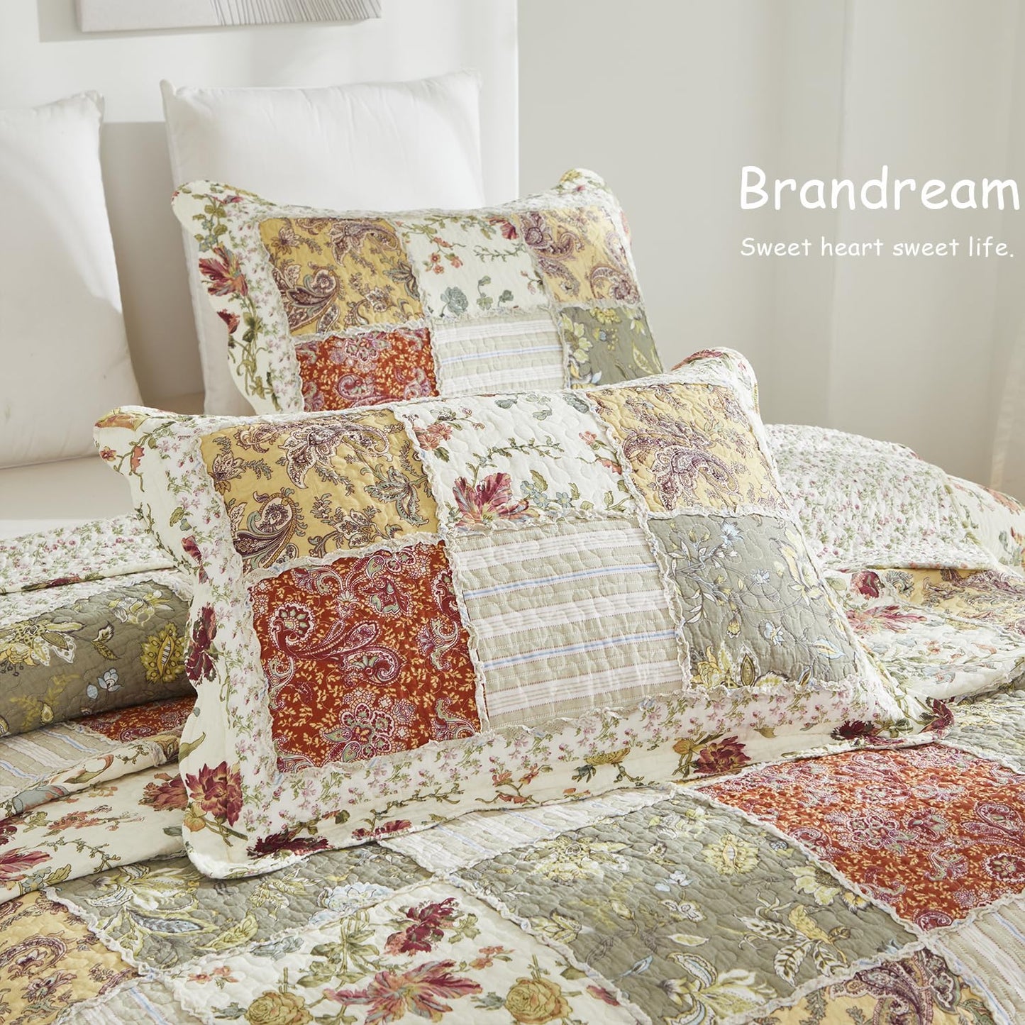 Brandream Queen Size Quilt Set Cotton Farmhouse Patchwork Quilts American Country Quilted Comforter Set 3-Piece