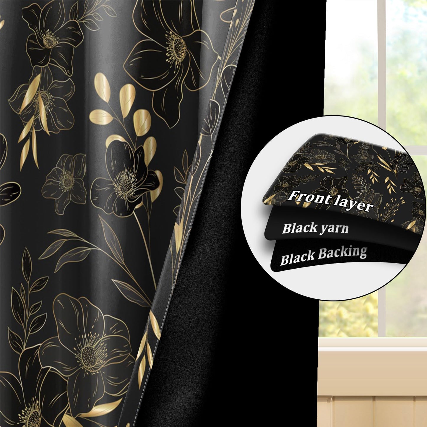 Renaiss 42 x 84 Inch Black Gold Floral Blackout Curtains for Bedroom Printed Gold Stroke Flower Curtains French Country Grommet Window Treatment Curtain Farmhouse Drapes Black Liner 2 Panels