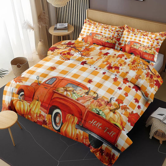 Nesphy Fall Plaid Retro Truck King Comforter Set, Autumn Pumpkin Leaves Thanksgiving Bedding Set 3 Piece, All Season Soft Toddlers Children Adults Bedroom Bed Decoration Comforter and 2 Pillow Shams
