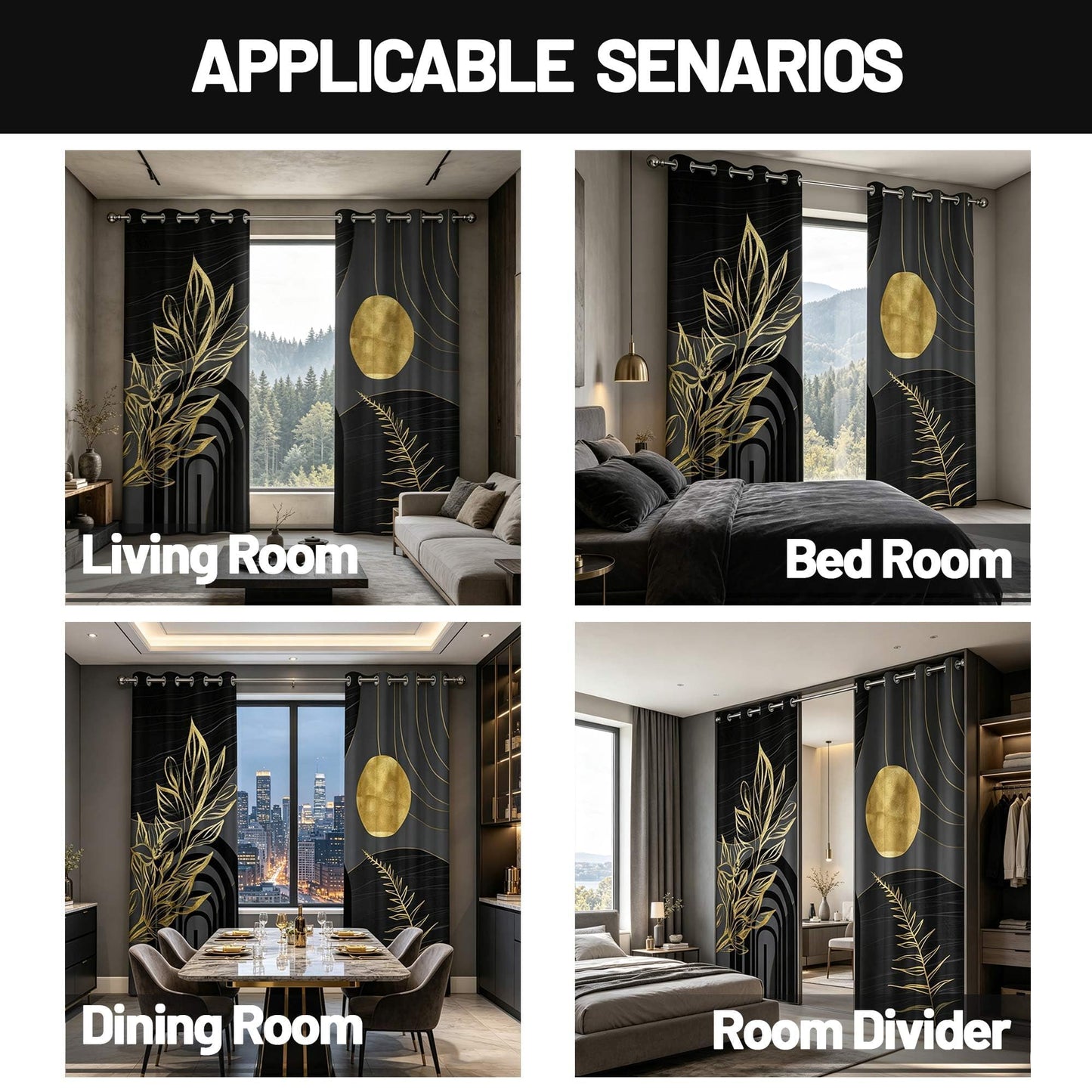soeeao Black and Gold Blackout Curtains, Masculine Gold and Black Mid Century Modern Window Drapes for Mens Bedroom Living Room, 84 inch Length 2 Panels Set, 52x84 inch