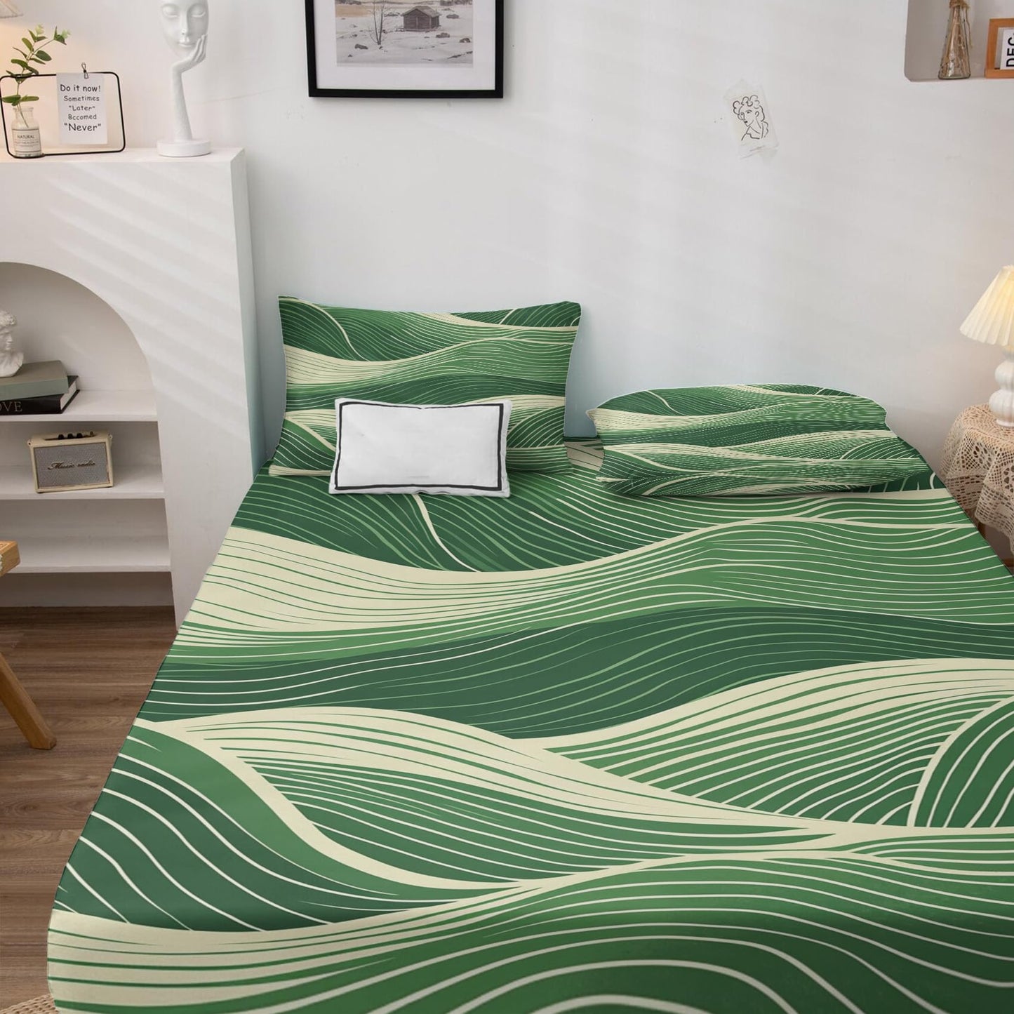 Abstract Wave Sheets Full Size, Modern Art Bed Sheets, Patterned Bedding Sheets & Pillowcases 4 Piece Set - Soft Microfiber Deep Pocket Fitted Sheet & Flat Sheet & 2 Pillow Cases M&-A418