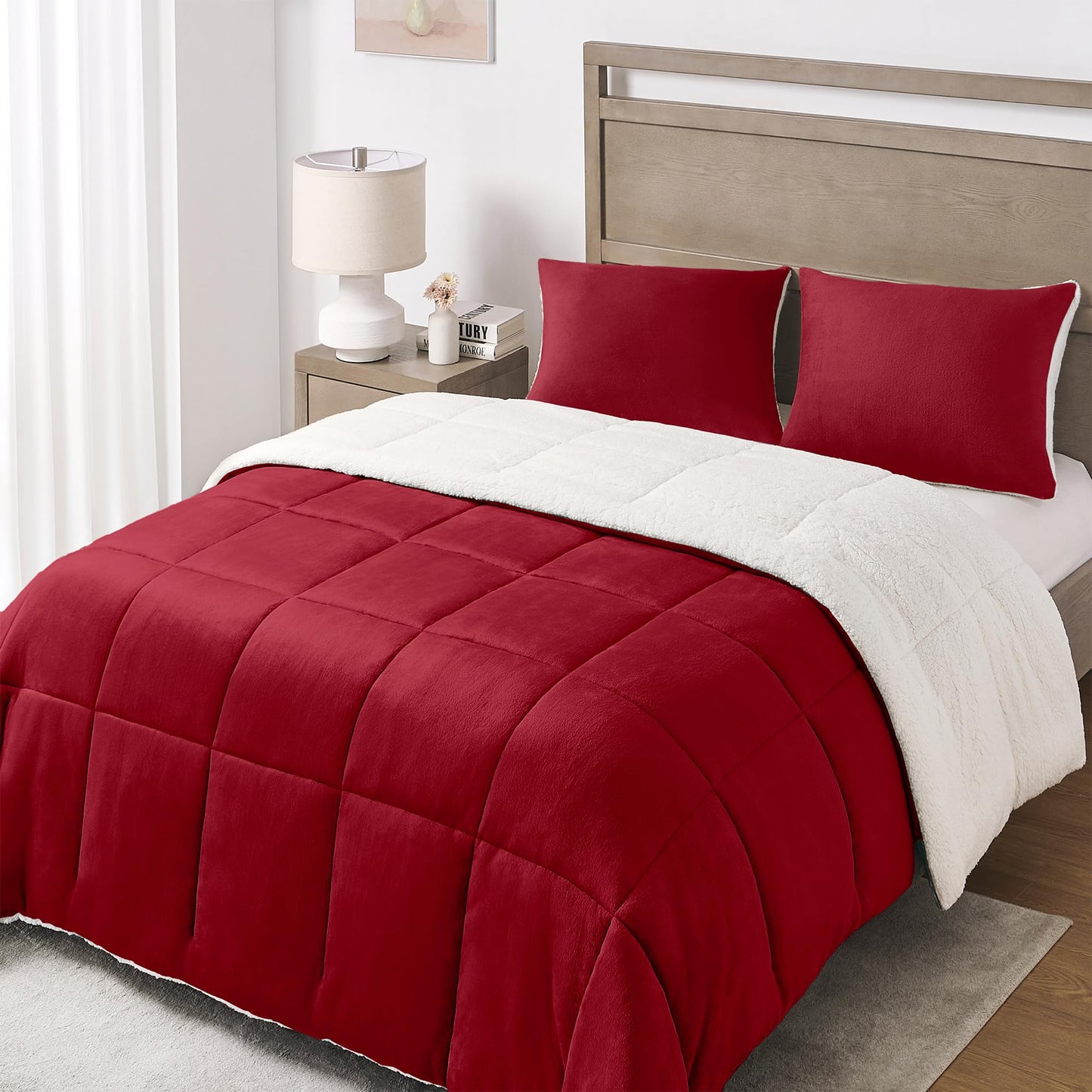 Basic Beyond King Size Comforter Set - Thick Fleece Sherpa Comforter Set for Winter, Soft and Fuzzy Bedding, Red, 104"x88"