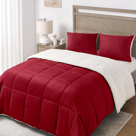 Basic Beyond King Size Comforter Set - Thick Fleece Sherpa Comforter Set for Winter, Soft and Fuzzy Bedding, Red, 104"x88"