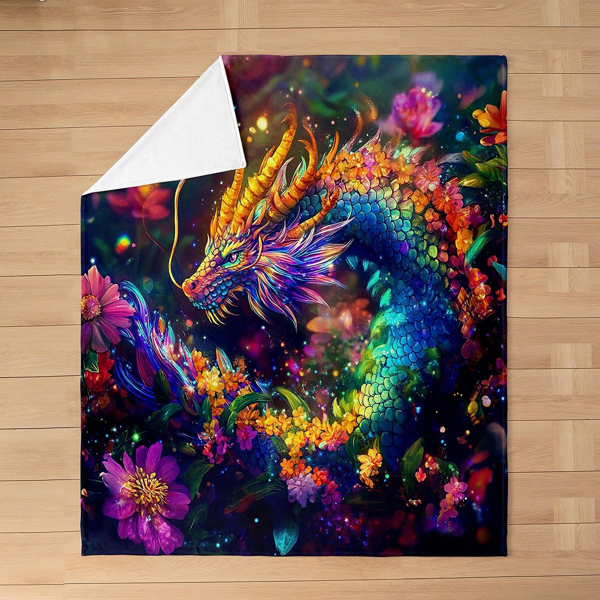 Feelyou Dragon Plush Throw Blanket Queen 90"x90" Flower Dragon Flannel Fleece Blanket for Boys Girls Teens Wild Life All Season Bed Blanket Dragon Decor Blanket Room Decor Clorful