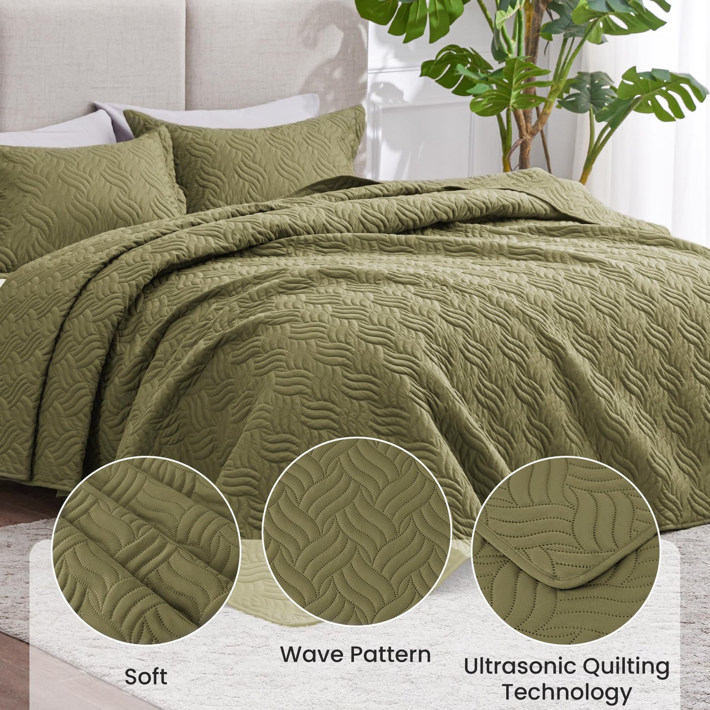 Love's cabin California King Size Quilt Bedding Set Olive Green Bedspread - Cal King Summer Lightweight Bedspread Comforter - Wave Pattern Coverlet for All Season - 3 Pieces (1 Quilt, 2 Pillow Shams)