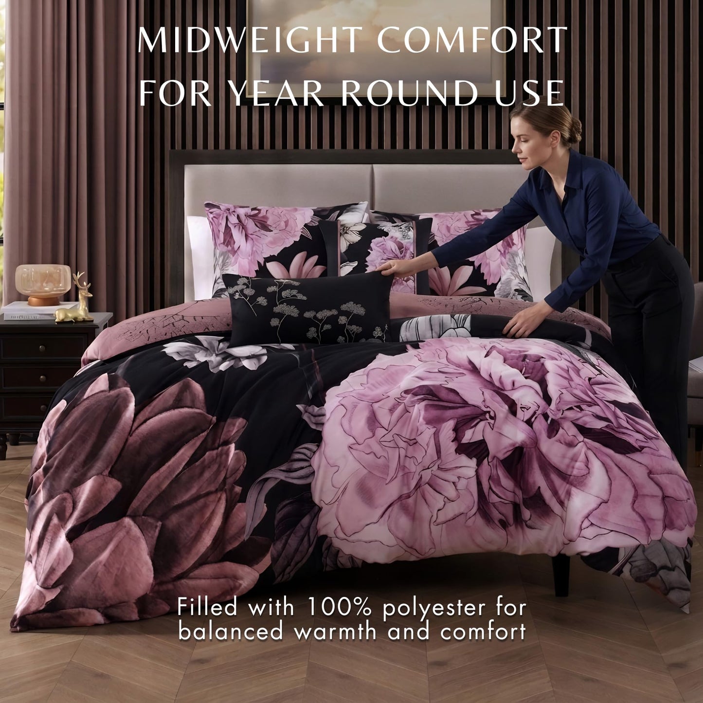 Bebejan Midnight Meadow 5 Piece Comforter Set, 100% Cotton Sateen, 220 Thread Count, Black Reversible Bedding Comforter Set, 1 Comforter, 2 Shams & 2 Pillows (King/Cal King)