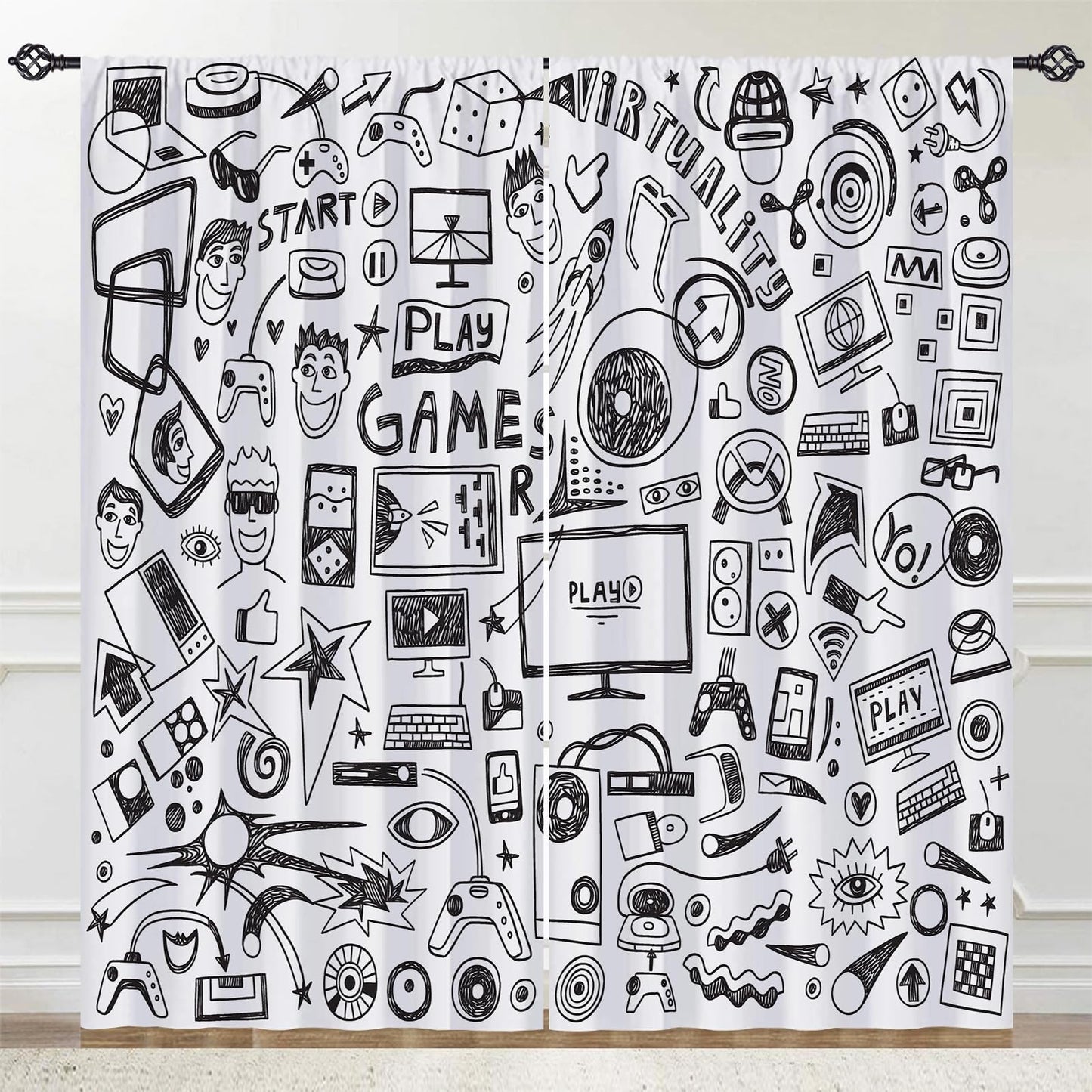 YUANZU Video Game Curtains W42 x L63 Inch Rod Pocket Kids Computer Gamepad Sports Rocket Teen 90's Print Pattern Privacy Fabric Window Drapes for Boys Girls Bedroom Nursery Baby Playroom 2 Panels