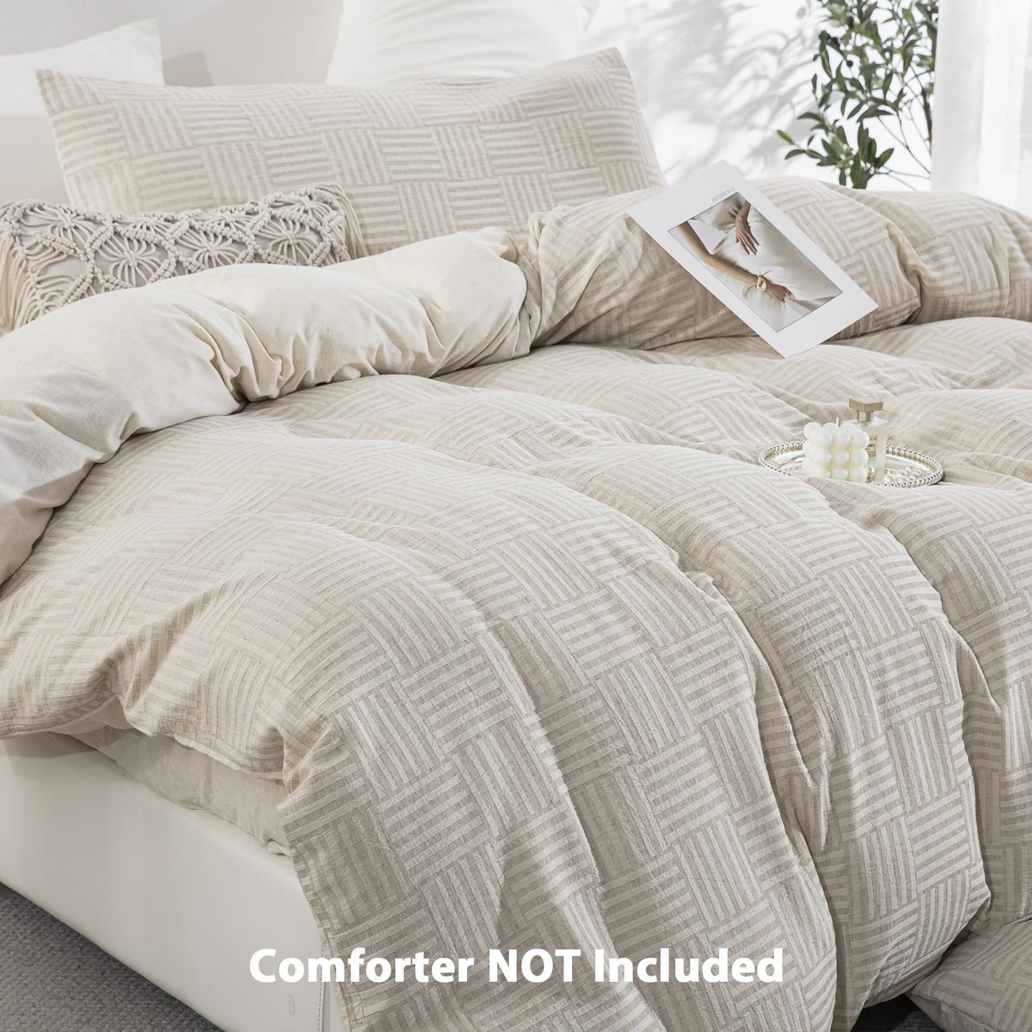 TodaFre Linen Cotton Duvet Cover King Size, Natural Moisture Wicking Beige Grid Weave Textured, Cooling Breathable Bedding Set for Hot Sleepers (Beige, 104" x 90")