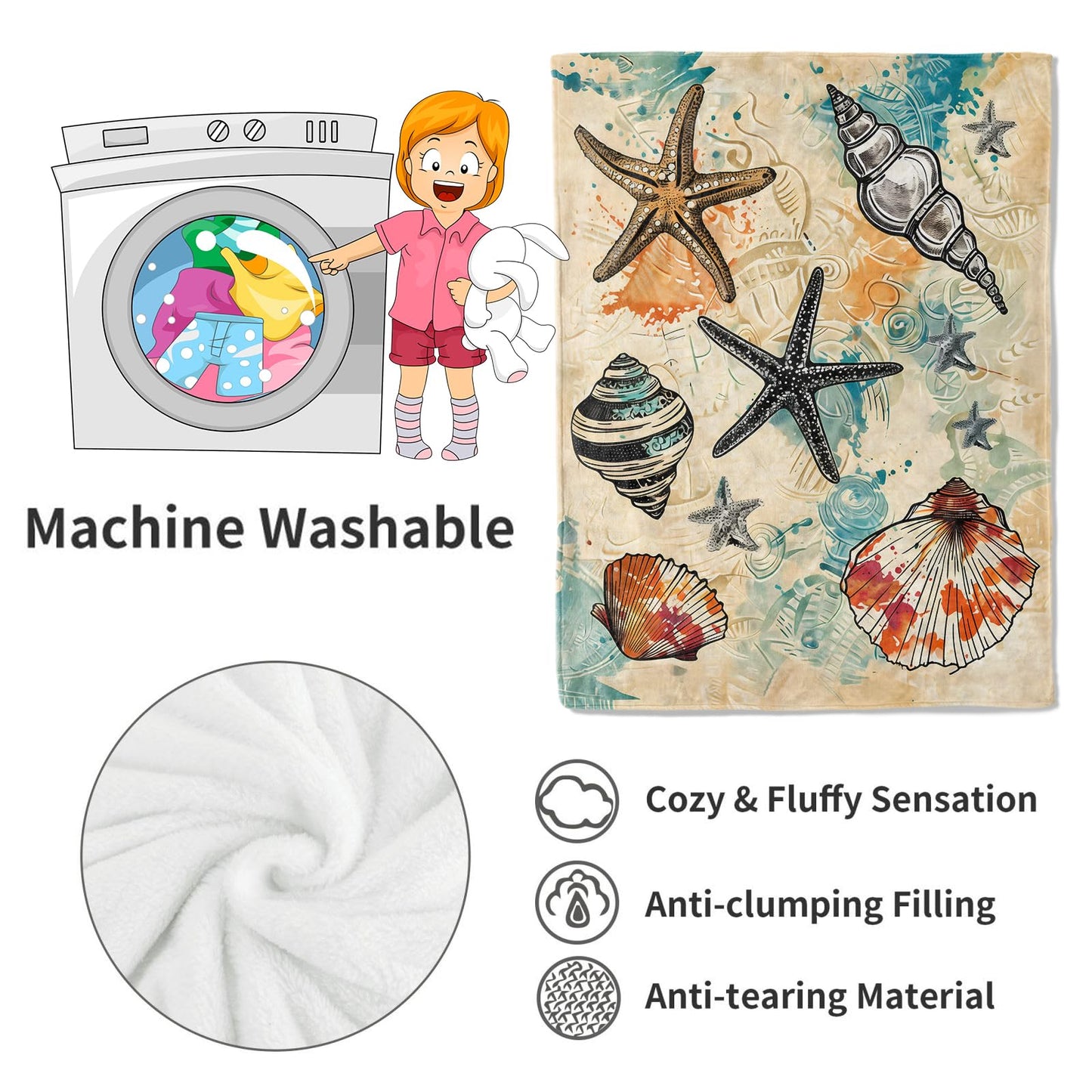 VODRM Bseashell and Starfish Blanket Coastal Beach Throw Blankets with Shells and Ocean Elements,Birthday Gifts for Kids Adult,Lightweight Soft Fleece,for Sofa Couch Bed Room Nautical Decor 50x60in