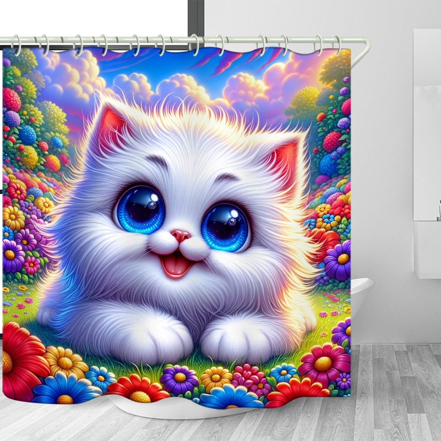 LYFANS Bathroom Using White Cat 3D Shower Curtains, Deluxe Bathtub Standard Shower Curtain, Waterproof and Bright Fabric Shower Curtain Size (72x72 Inches)