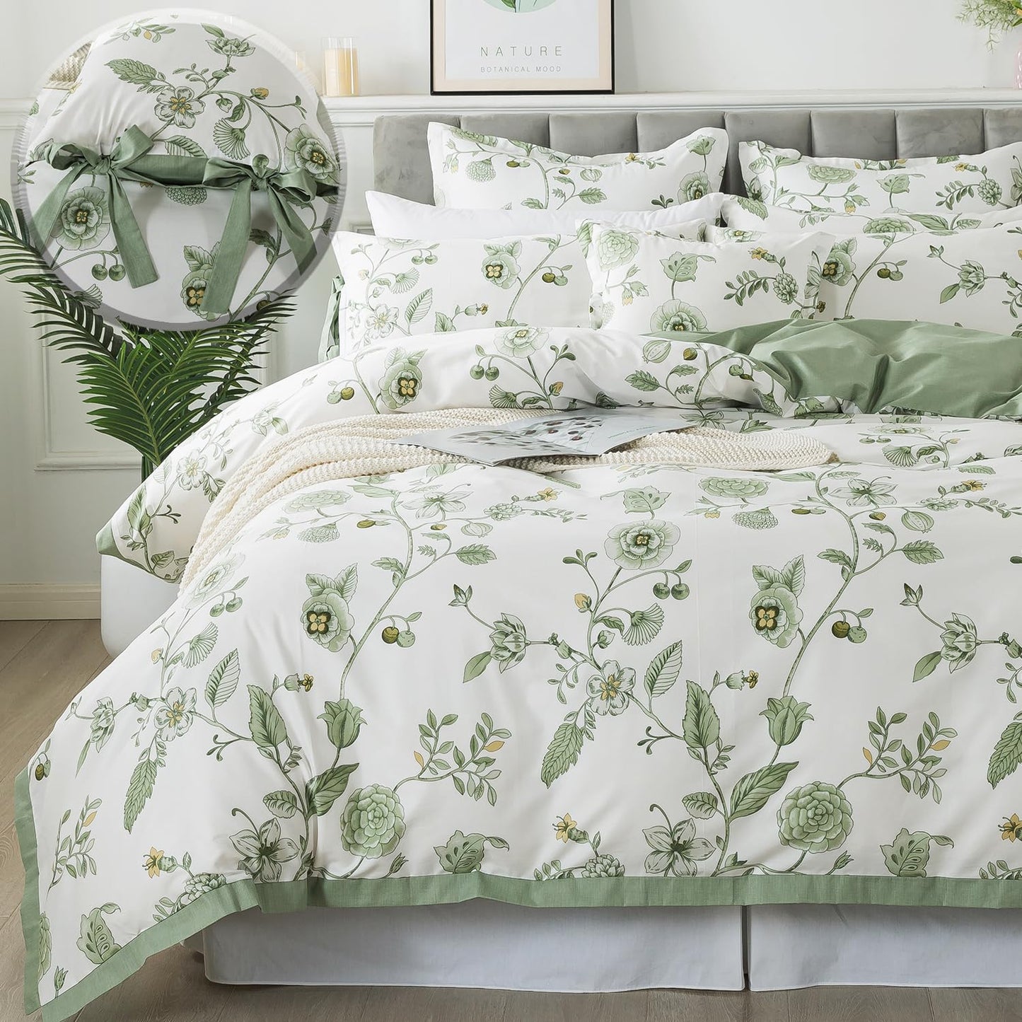 FADFAY Green Duvet Cover Set Full Floral Bedding 100% Cotton Shabby Vintage Reversible Zipper Farmhouse Comforter Cover Flower Print Bed Covers Girls Kids Pretty Bowknot Soft Breathable 3Pcs