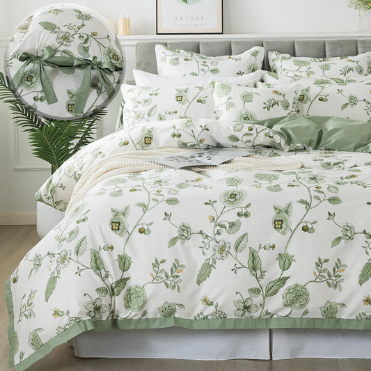 FADFAY Green Duvet Cover Set Full Floral Bedding 100% Cotton Shabby Vintage Reversible Zipper Farmhouse Comforter Cover Flower Print Bed Covers Girls Kids Pretty Bowknot Soft Breathable 3Pcs