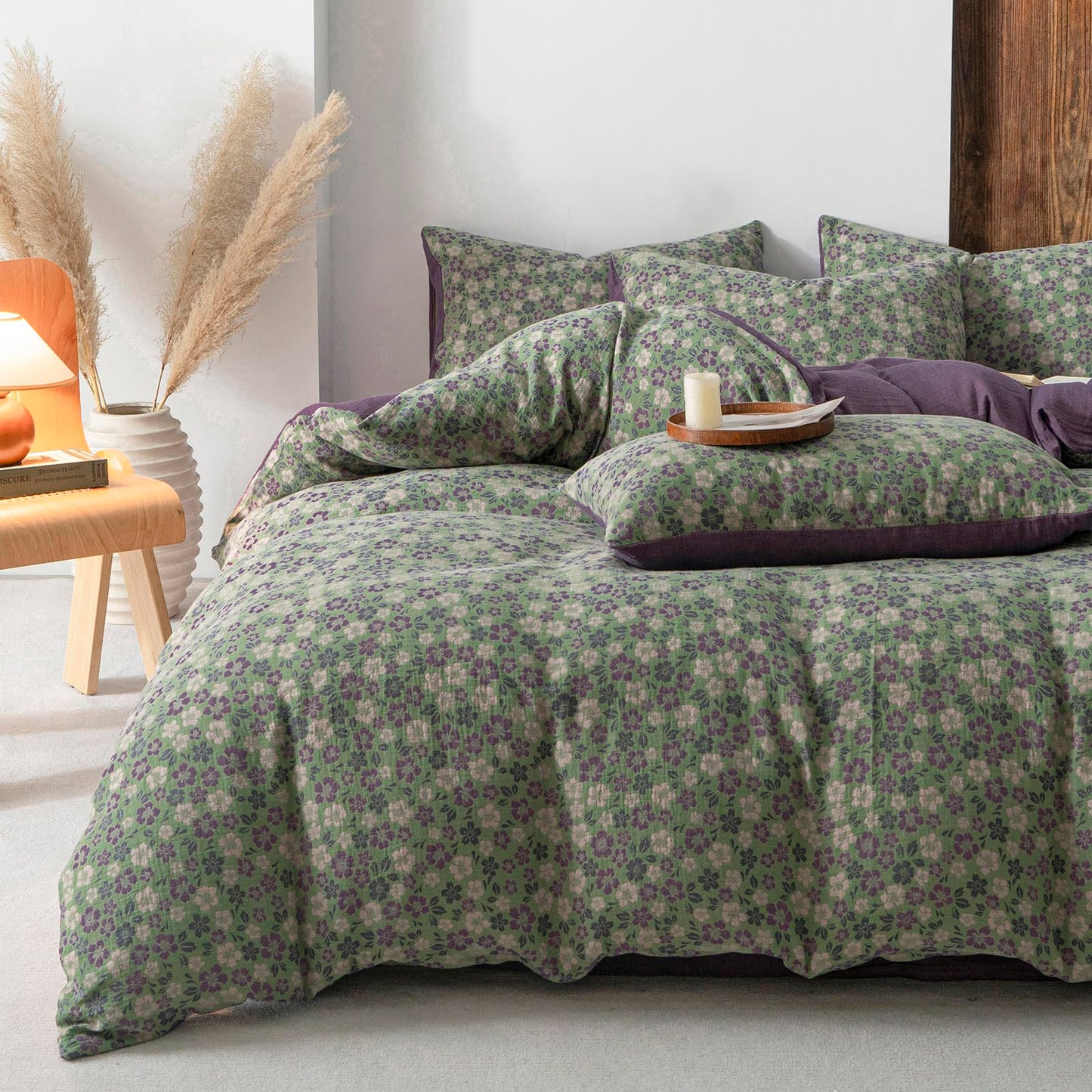 VM VOUGEMARKET Green & Purple Floral Jacquard Duvet Cover Set Queen,Breathable Double Layer Gauze Farmhouse Style Bedding Set for Home