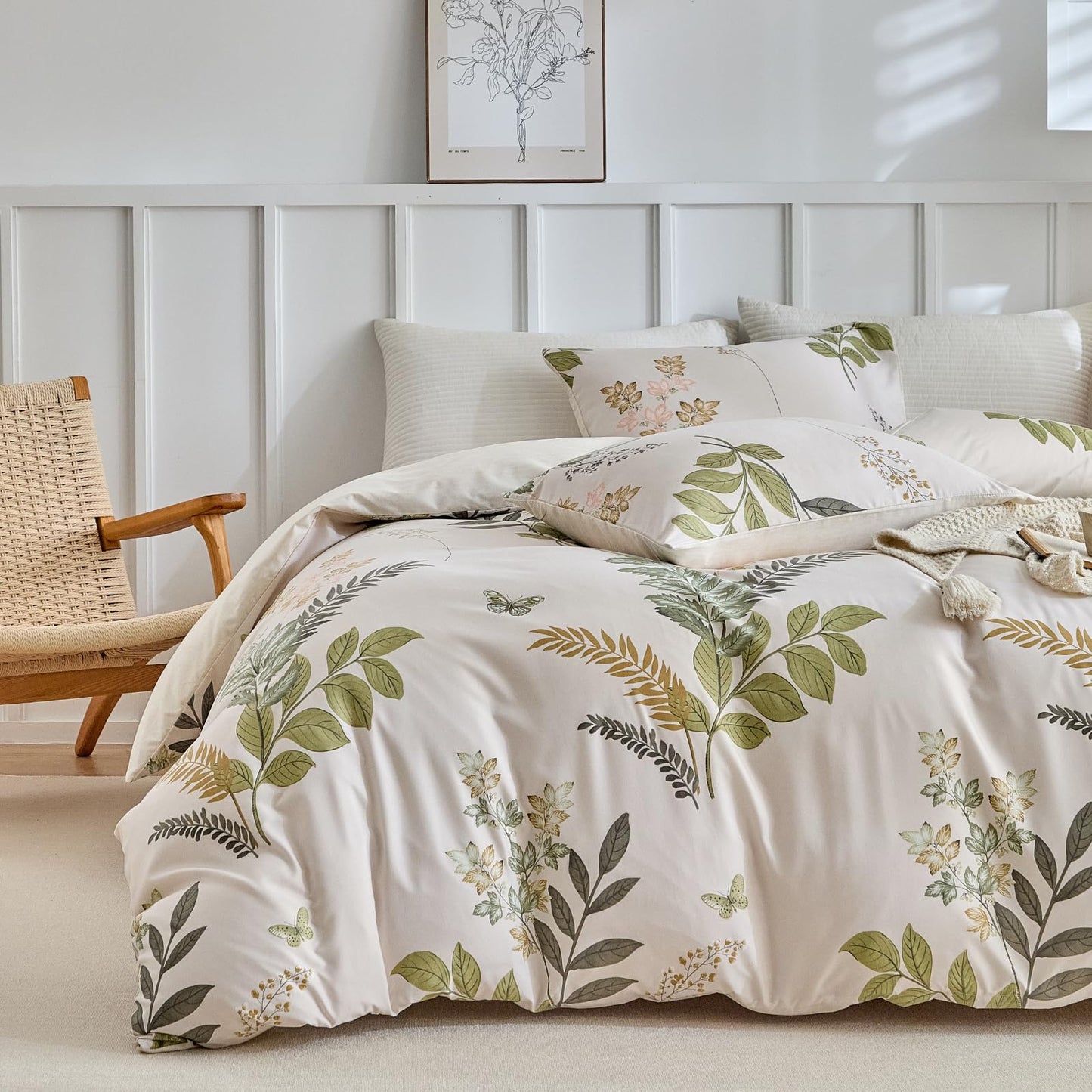 Lekesky King Size Reversible Duvet Cover, Duvet Cover King Size 3 Piece Green Leaf Microfiber Botanical Bedding Set with Zipper Closure 8 Corner Ties