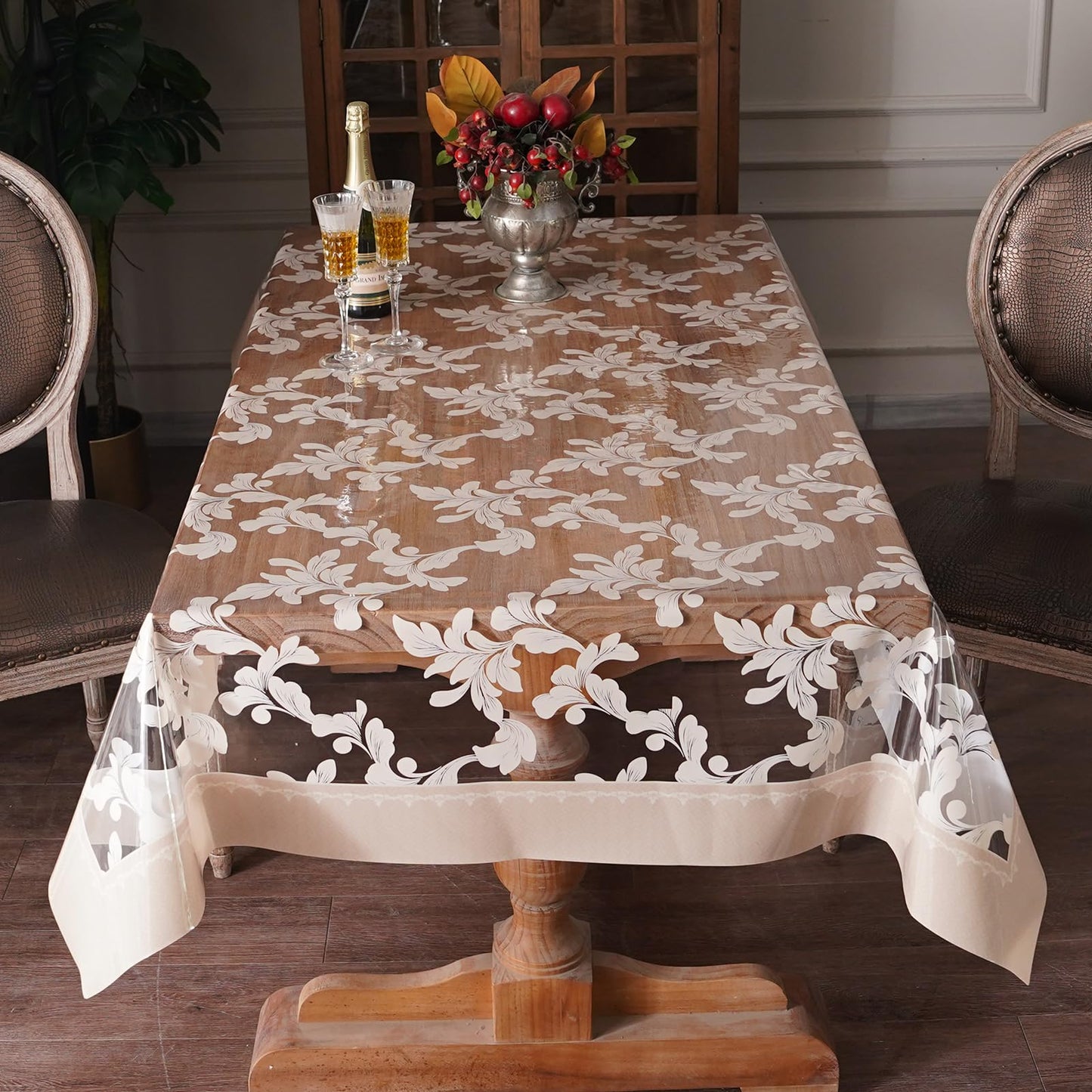 Artbloss Waterproof Clear Table Cover Protector Vinyl Rectangle Table Cloth Oil Spill Proof Wipe Clean Plastic Tablecloths for Dining Tables (Scroll Grass, 60 x 84 Inches)