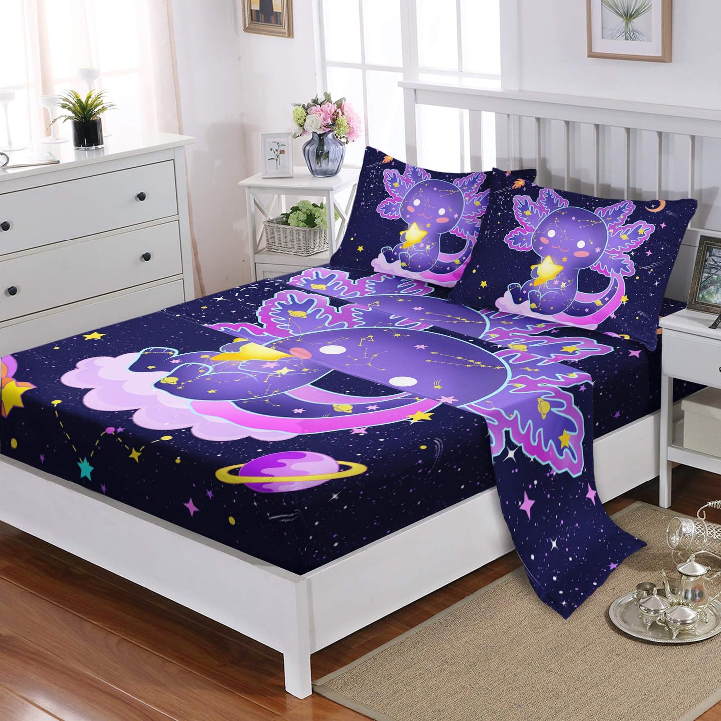 Nttopship Cute Axolotl Bedding Set Queen Size,Violet Axolotl Theme Fitted Sheet 4pcs with 16" Deep Pocket, Kawaii Animals Cartoon Sheet Set for Kids Boys Room Decor(Fitted + Flat + 2 Pillowcases)
